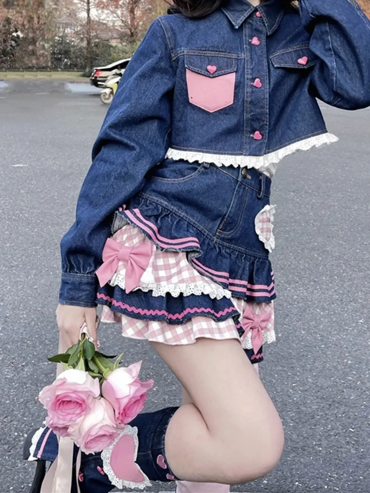 Lolita Gothic Lace Plaid Hearts Ruffles Jk Denim Skirt SP18367