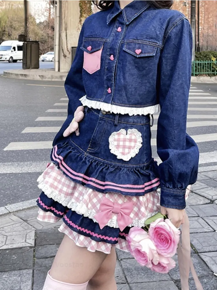 Lolita Gothic Lace Plaid Hearts Ruffles Jk Denim Skirt SP18367