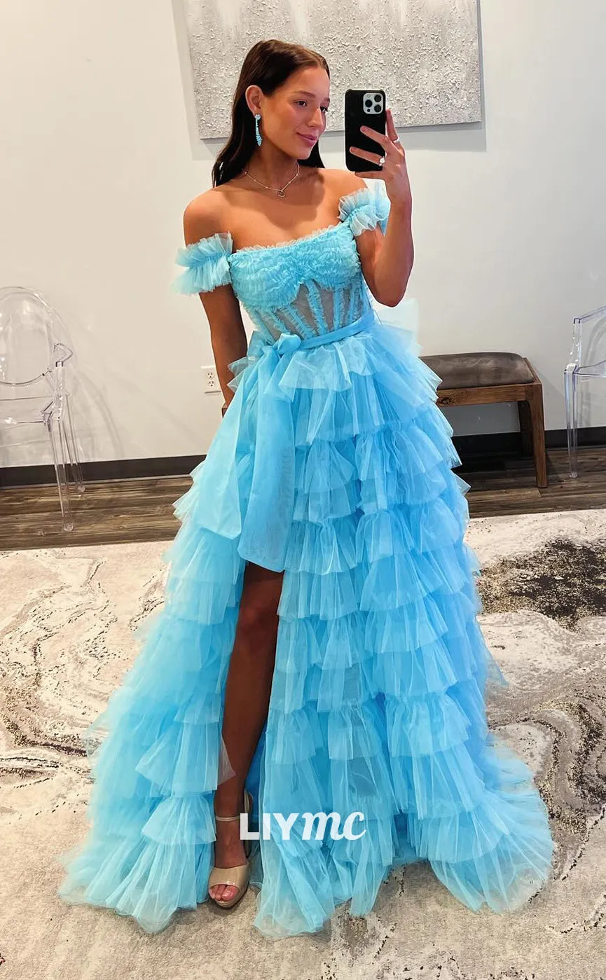 LP1251 - Straight Across Bowknot Tiered Tulle Ball Gown Prom Dresses