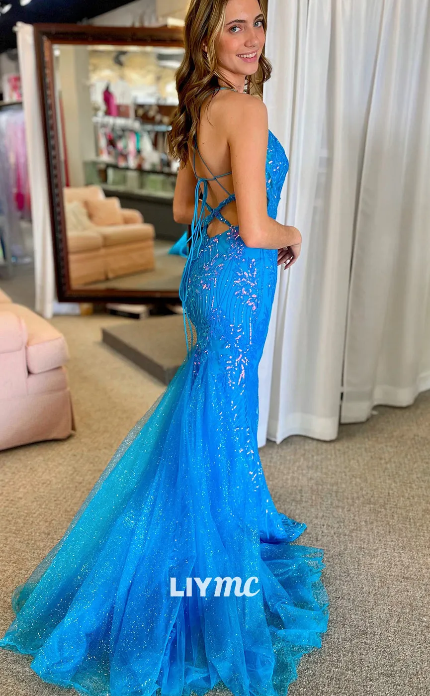 LP1396 - Scoop Spaghetti Straps Lace-Up Appliques Sheath Mermaid Prom Dress