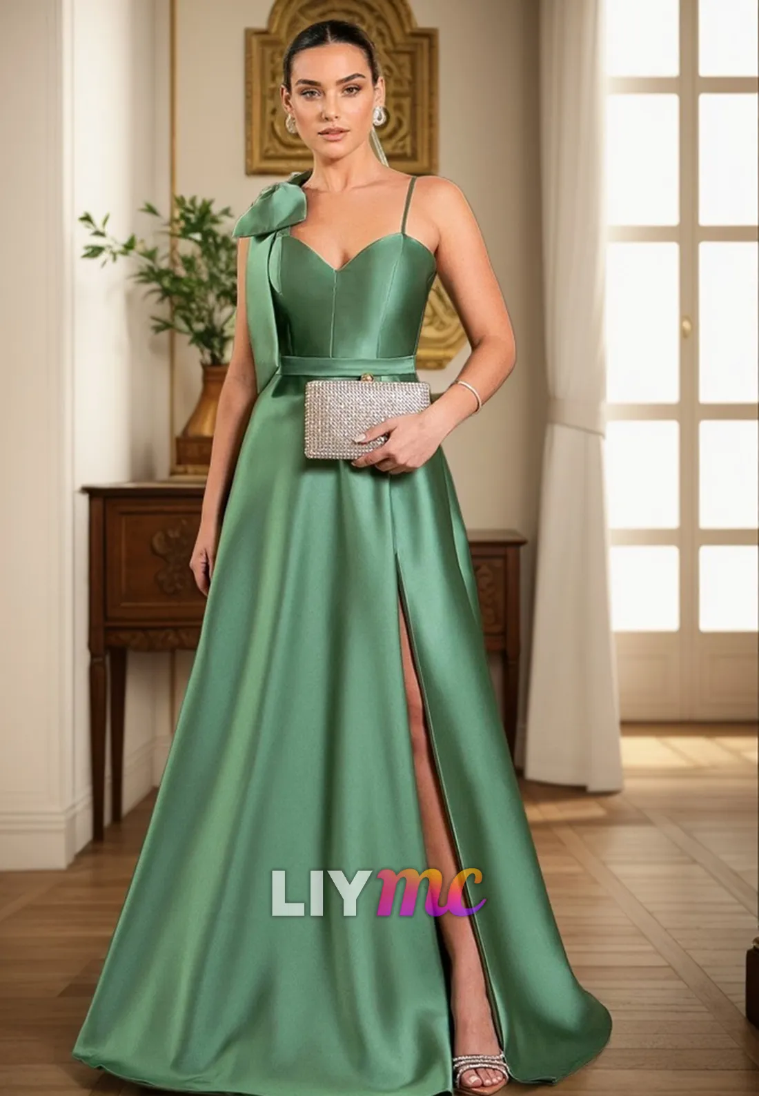 LP2285 - V-Neck Sleeveless Floral Embellished Pleated A-Line Prom Dress