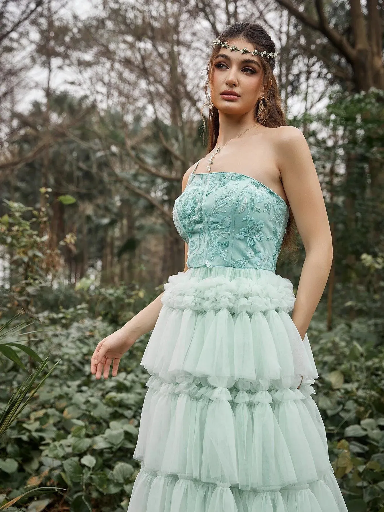 Luxury One Shoulder Floral Sequin Bodice Layered Tulle Hem Prom Dress