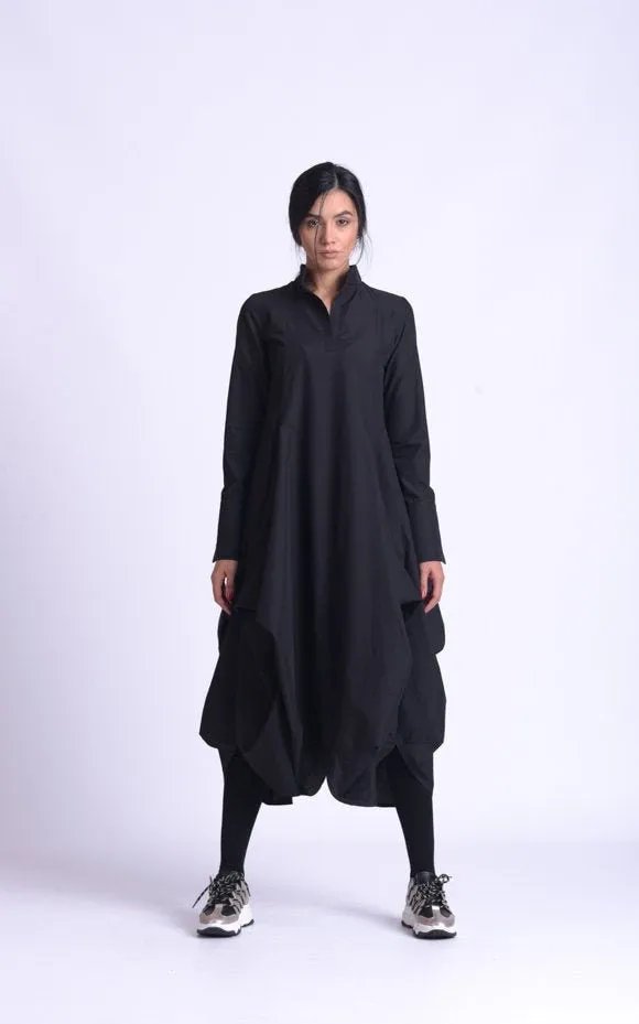 Maxi Asymmetric Collar Shirt  Dress In Black