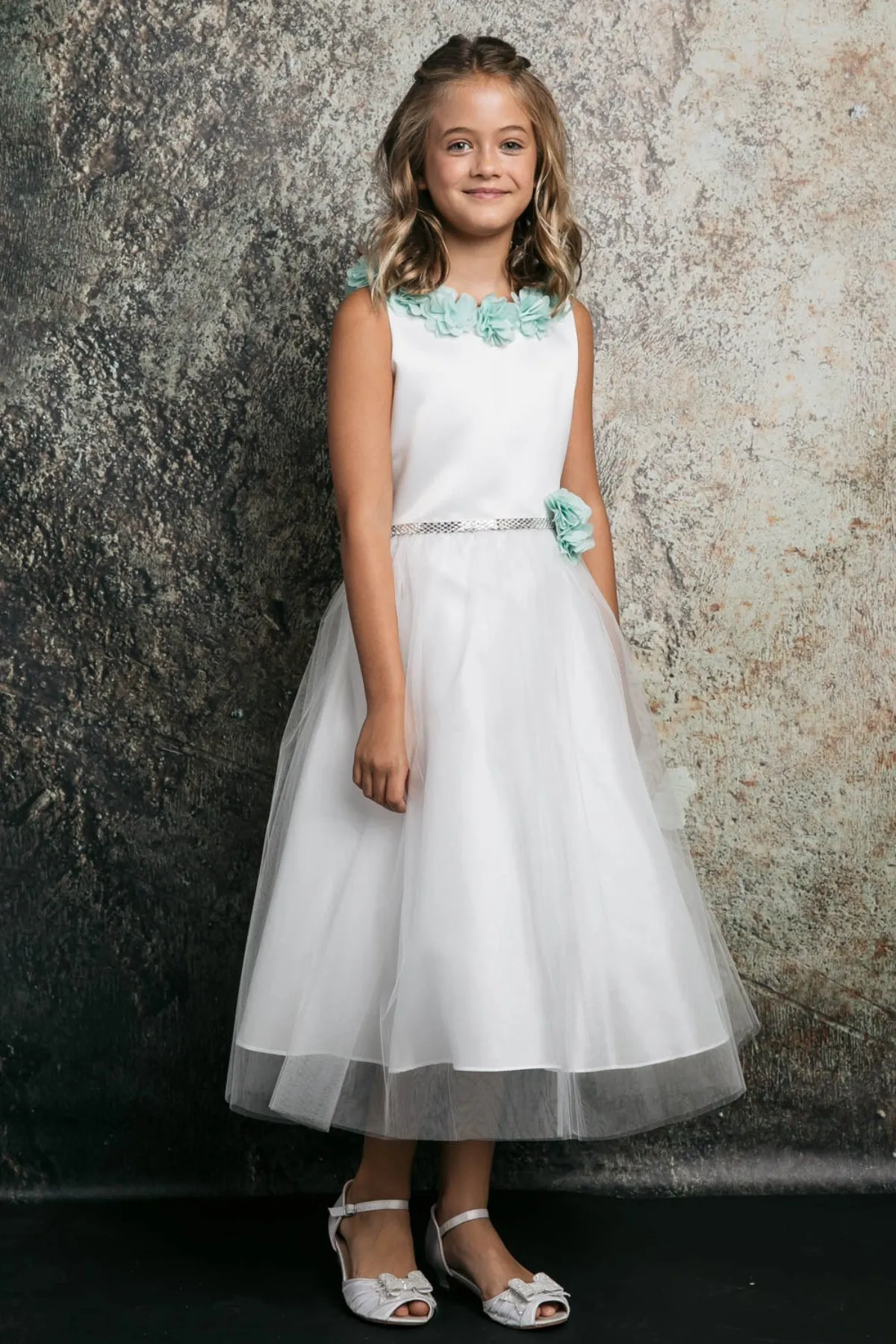 Maya Satin & Tulle Girls Dress with 3D Flowers, Crystal Belt and Plus Sizes