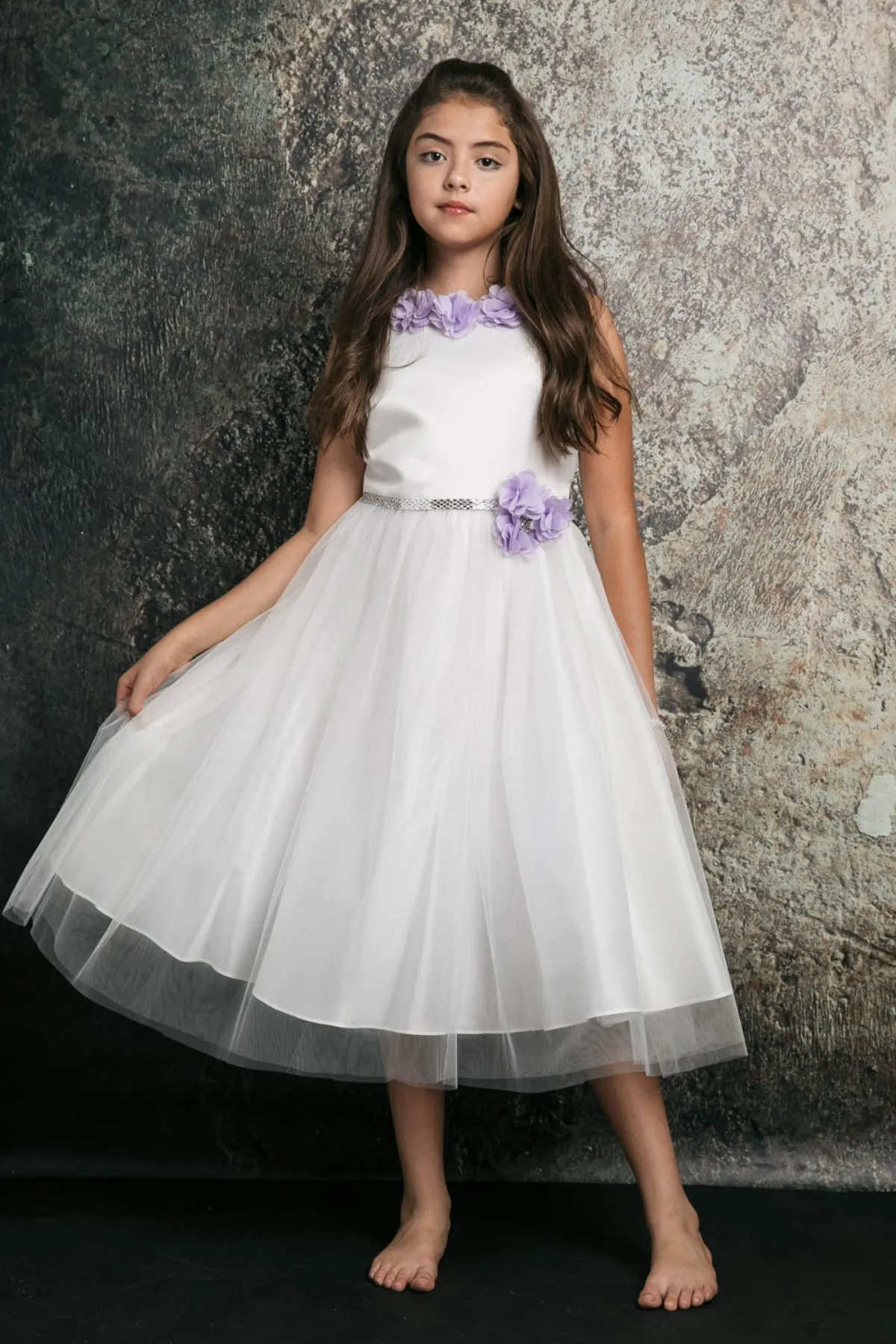 Maya Satin & Tulle Girls Dress with 3D Flowers, Crystal Belt and Plus Sizes