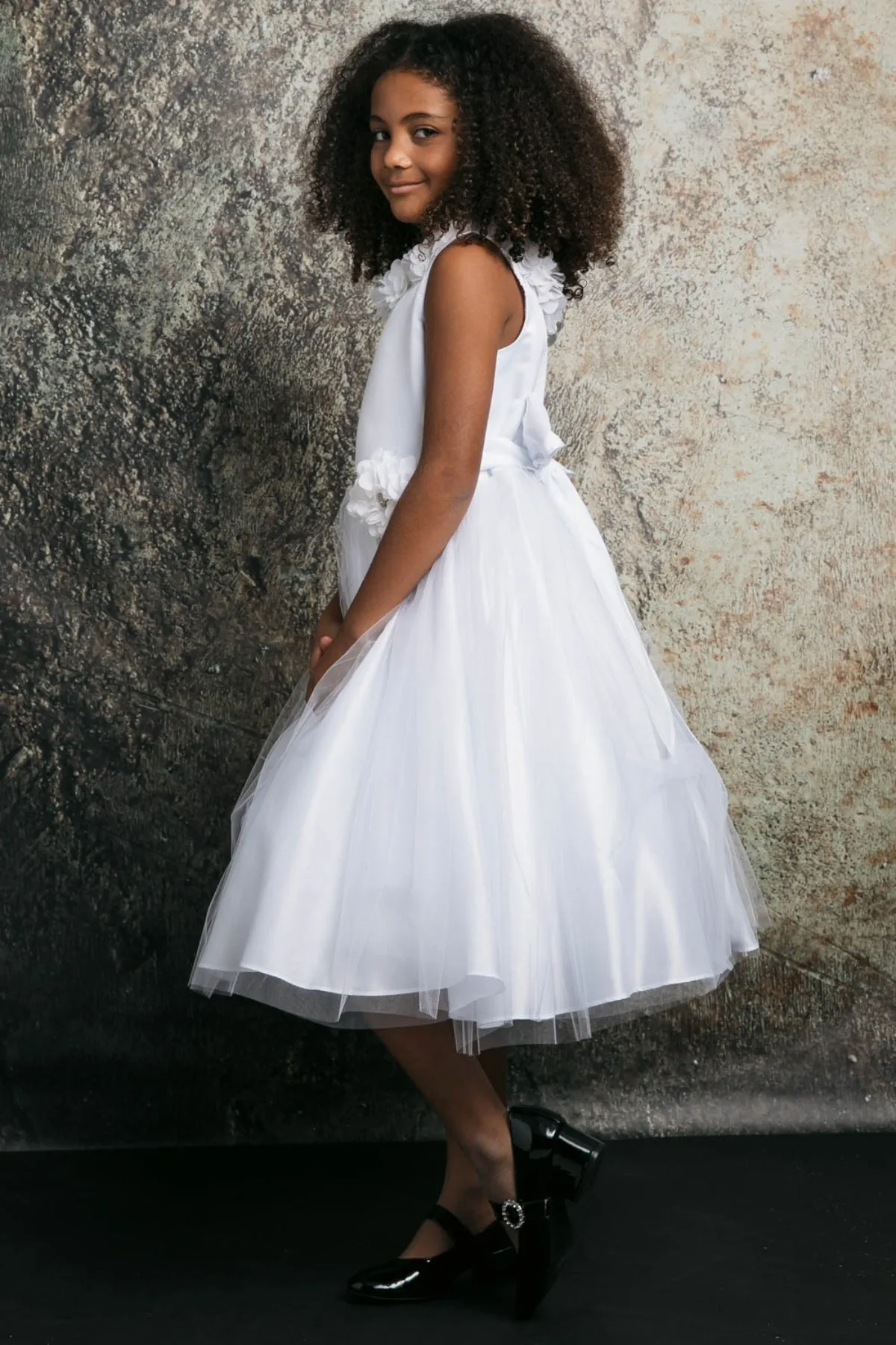 Maya Satin & Tulle Girls Dress with 3D Flowers, Crystal Belt and Plus Sizes