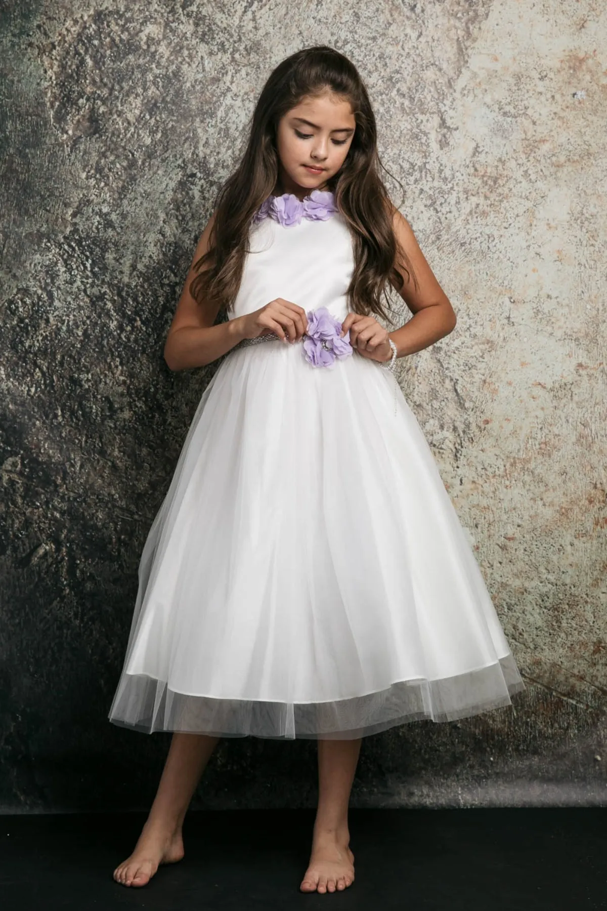 Maya Satin & Tulle Girls Dress with 3D Flowers, Crystal Belt and Plus Sizes