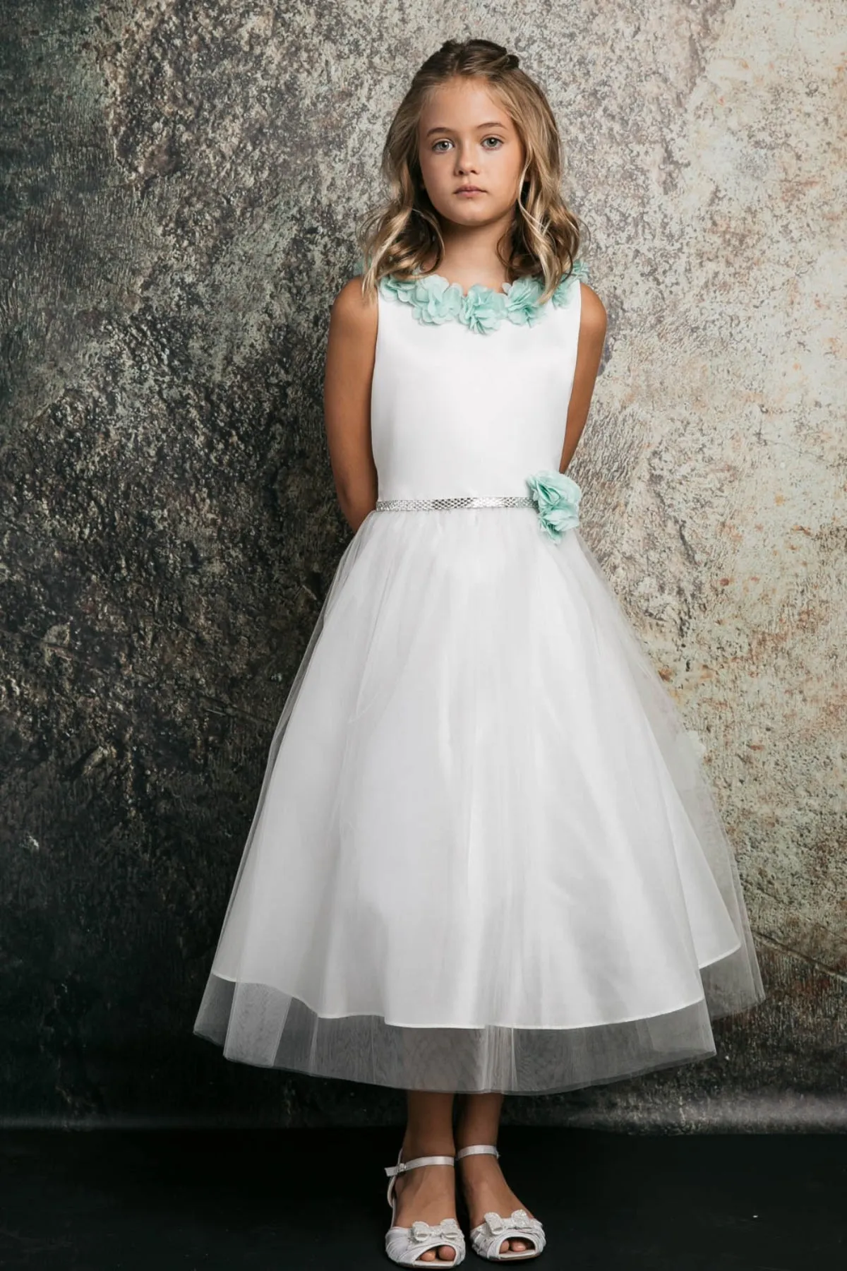 Maya Satin & Tulle Girls Dress with 3D Flowers, Crystal Belt and Plus Sizes