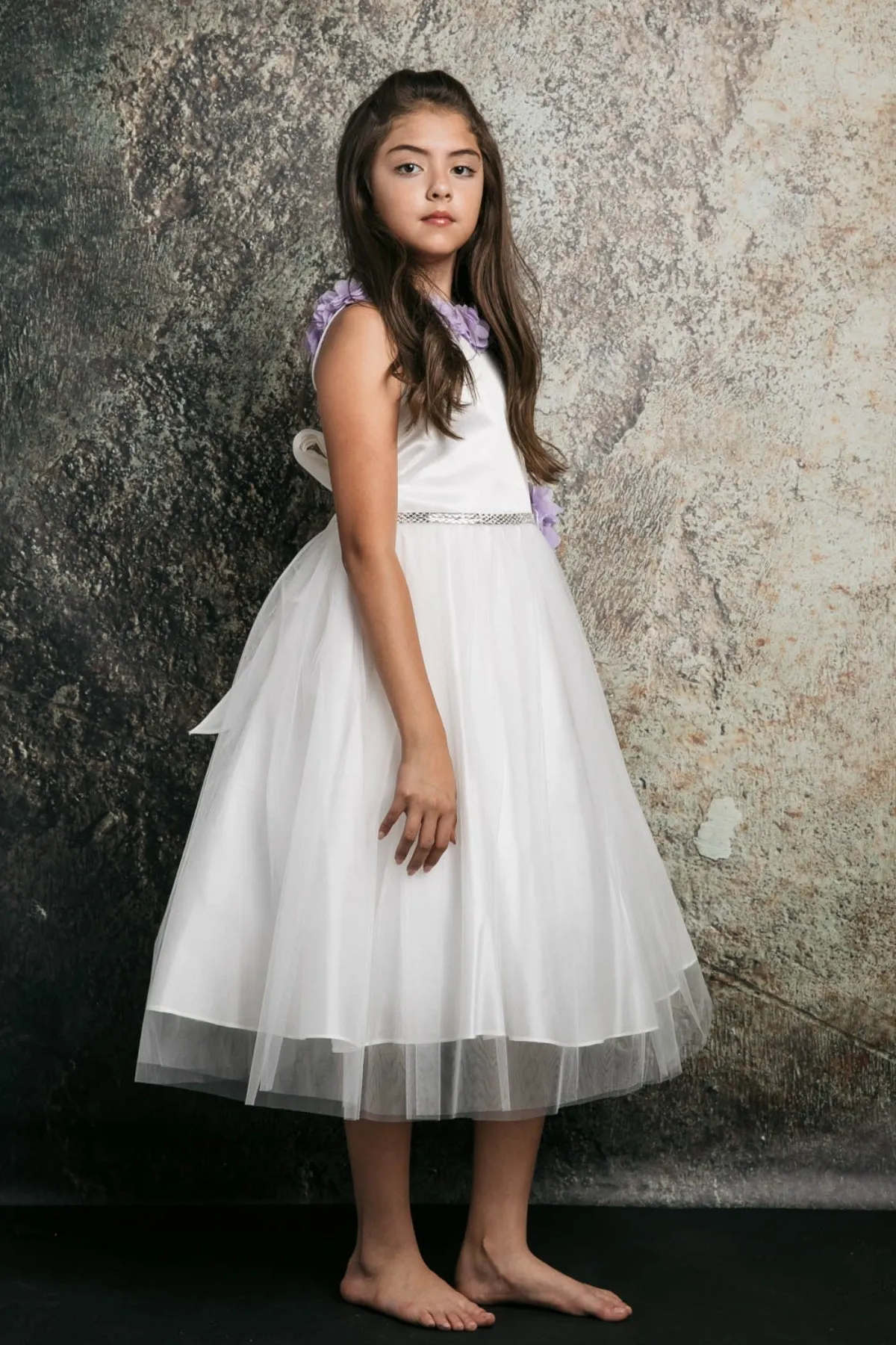 Maya Satin & Tulle Girls Dress with 3D Flowers, Crystal Belt and Plus Sizes