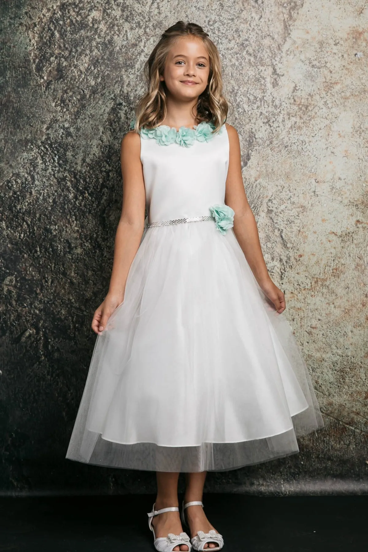 Maya Satin & Tulle Girls Dress with 3D Flowers, Crystal Belt and Plus Sizes