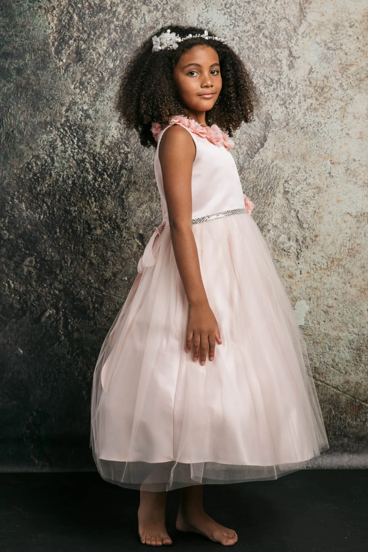 Maya Satin & Tulle Girls Dress with 3D Flowers, Crystal Belt and Plus Sizes