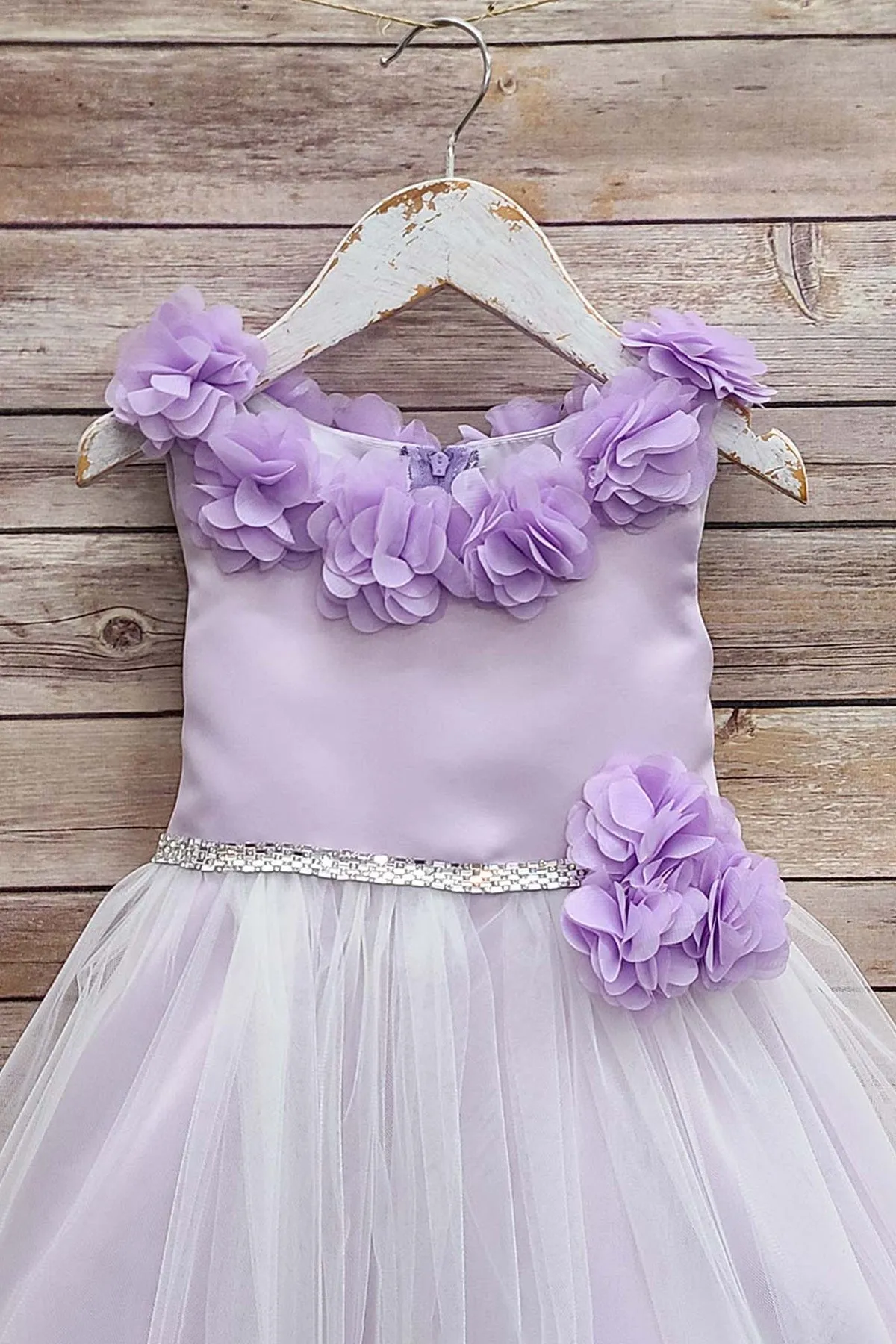 Maya Satin & Tulle Girls Dress with 3D Flowers, Crystal Belt and Plus Sizes