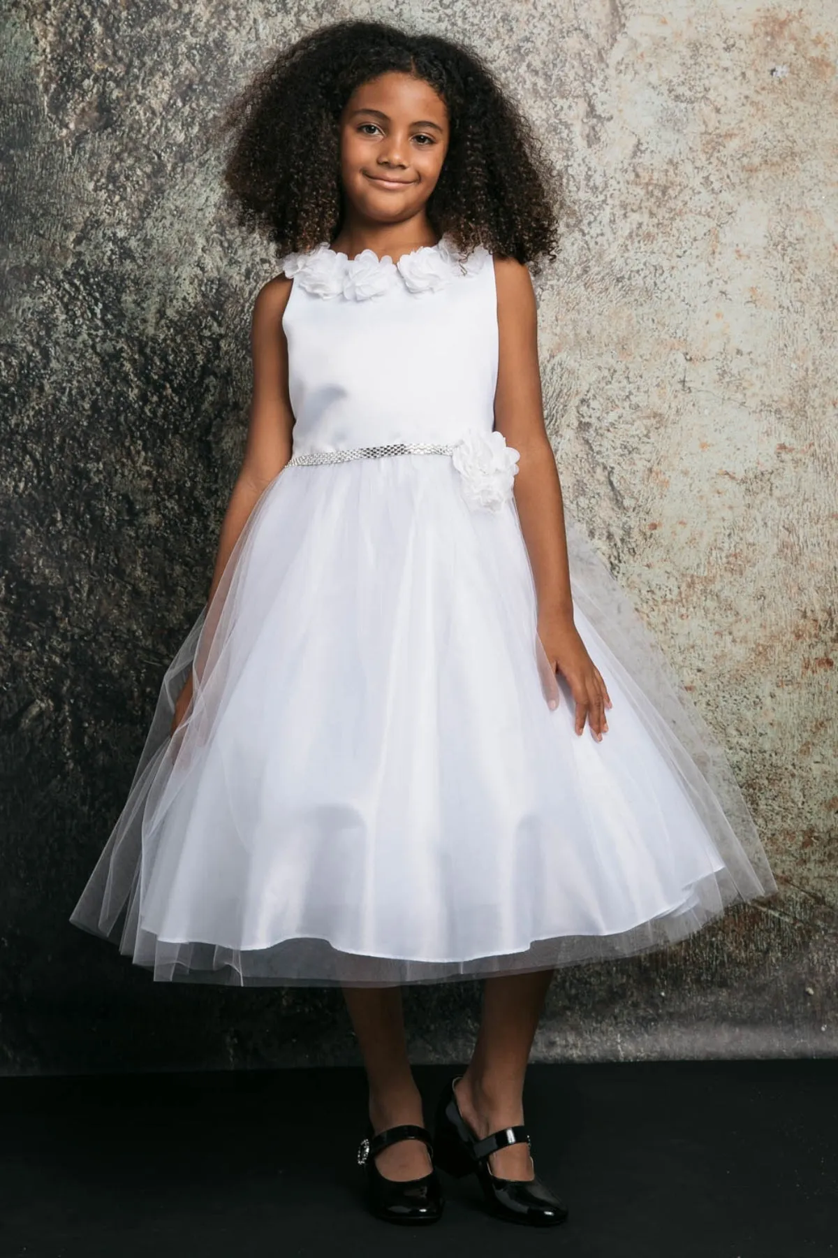 Maya Satin & Tulle Girls Dress with 3D Flowers, Crystal Belt and Plus Sizes