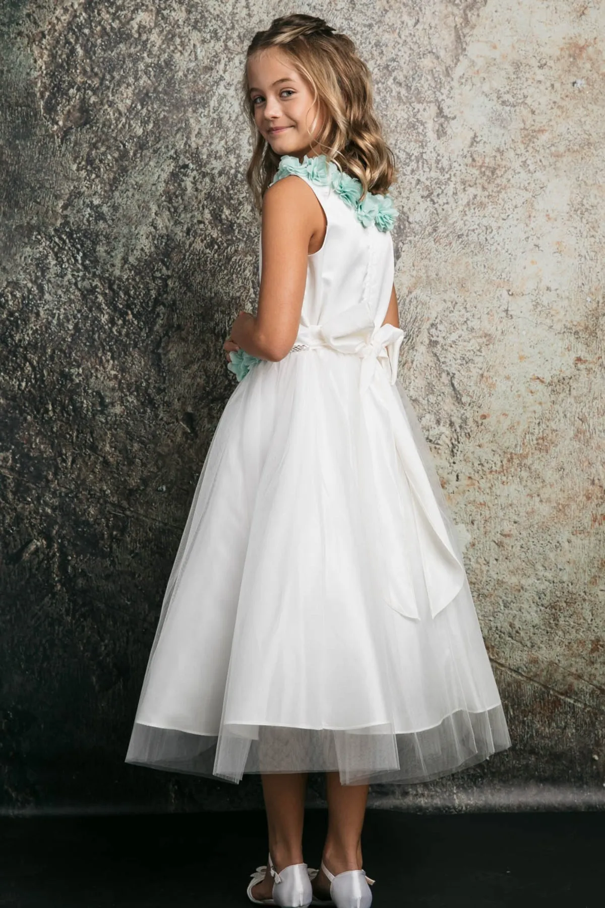 Maya Satin & Tulle Girls Dress with 3D Flowers, Crystal Belt and Plus Sizes