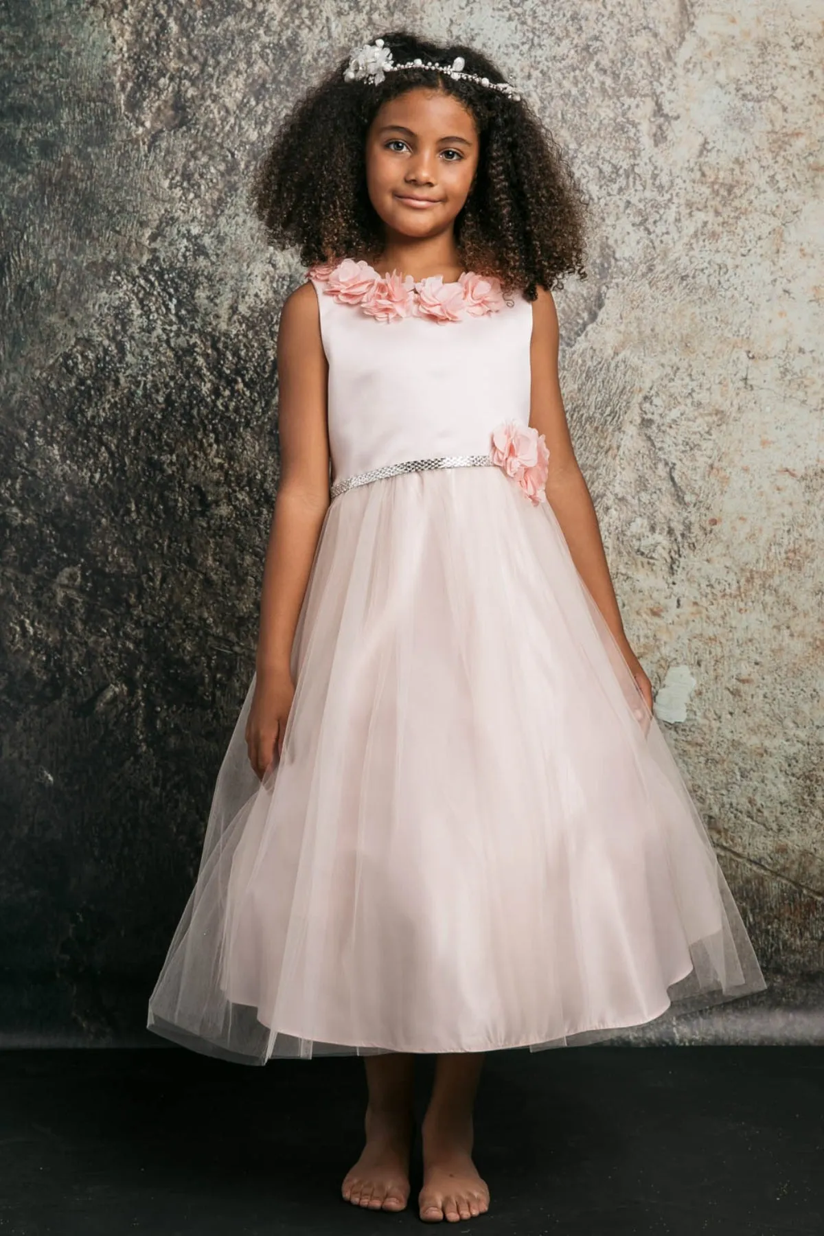 Maya Satin & Tulle Girls Dress with 3D Flowers, Crystal Belt and Plus Sizes