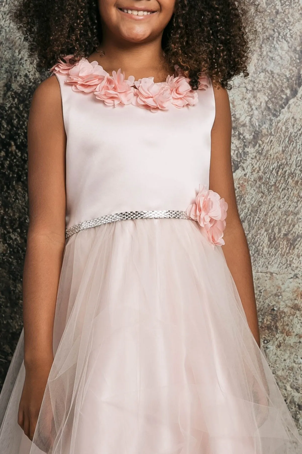 Maya Satin & Tulle Girls Dress with 3D Flowers, Crystal Belt and Plus Sizes