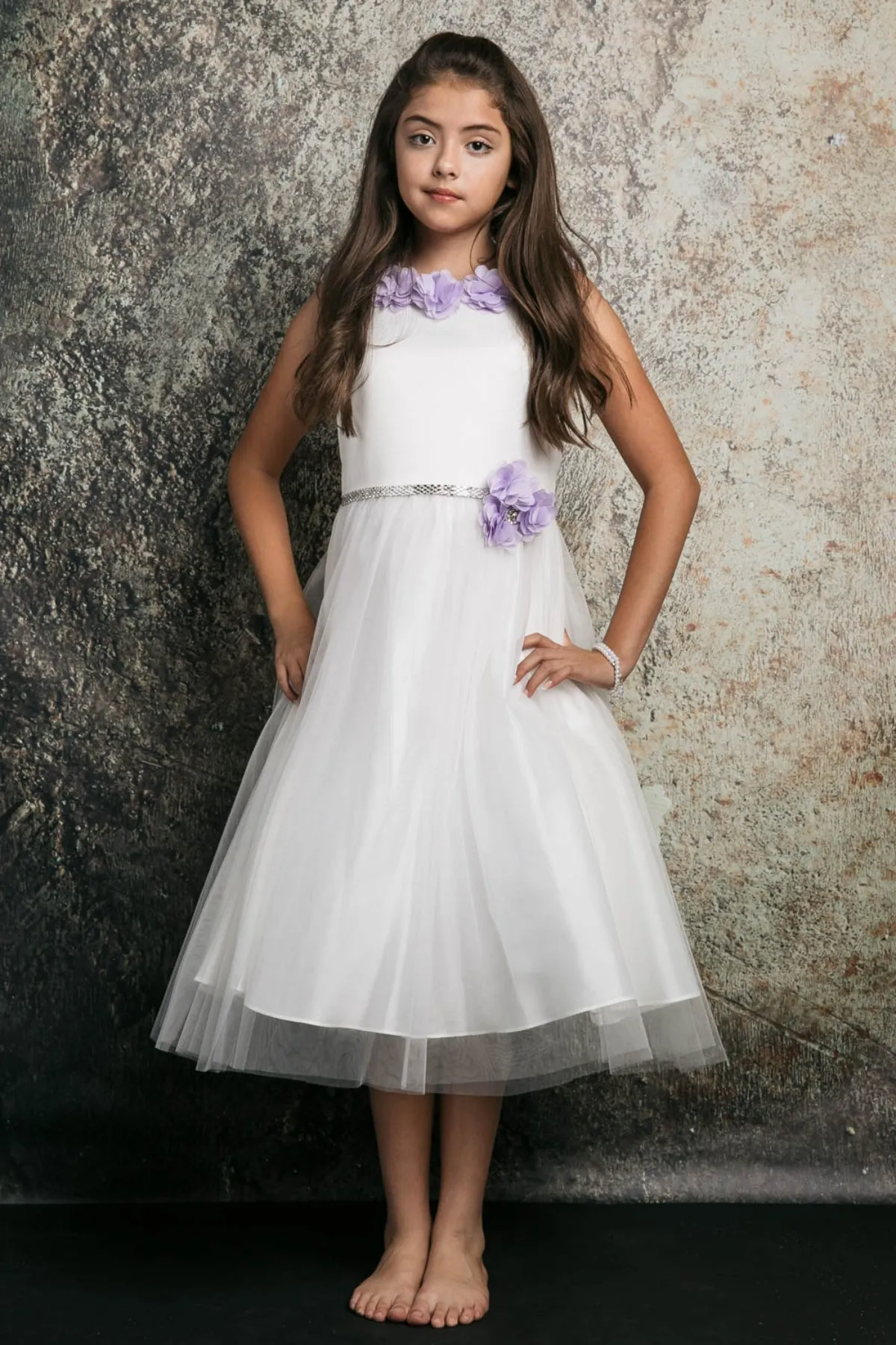 Maya Satin & Tulle Girls Dress with 3D Flowers, Crystal Belt and Plus Sizes