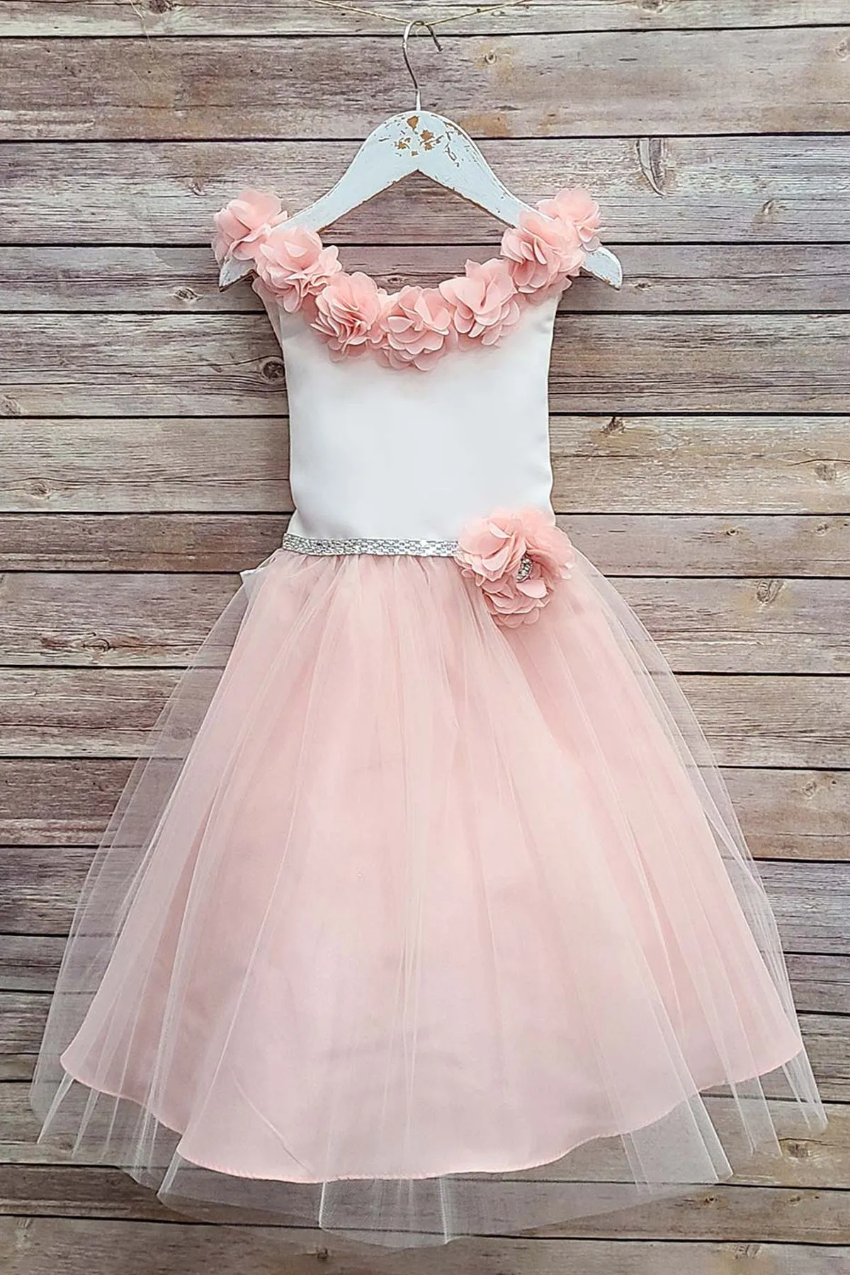 Maya Satin & Tulle Girls Dress with 3D Flowers, Crystal Belt and Plus Sizes