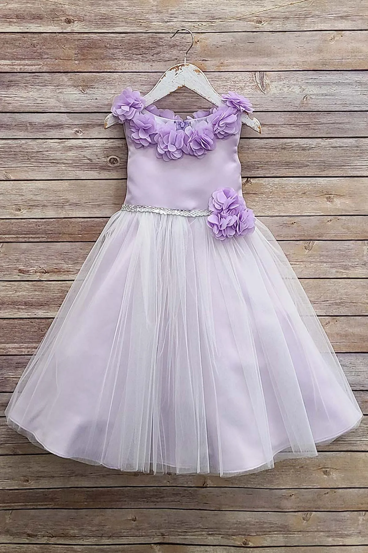 Maya Satin & Tulle Girls Dress with 3D Flowers, Crystal Belt and Plus Sizes