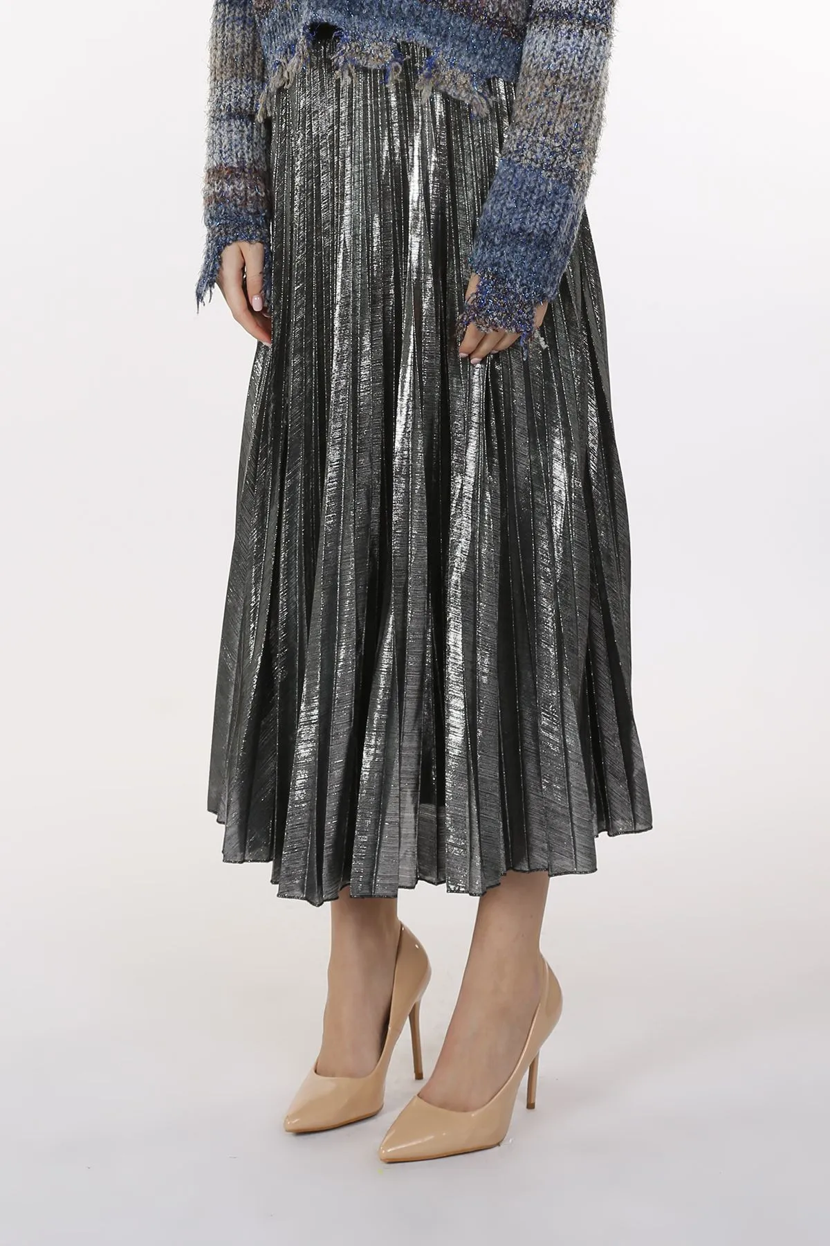 Metallic Silver Coated Pleat Maxi Skirt at Bourbon Cowgirl