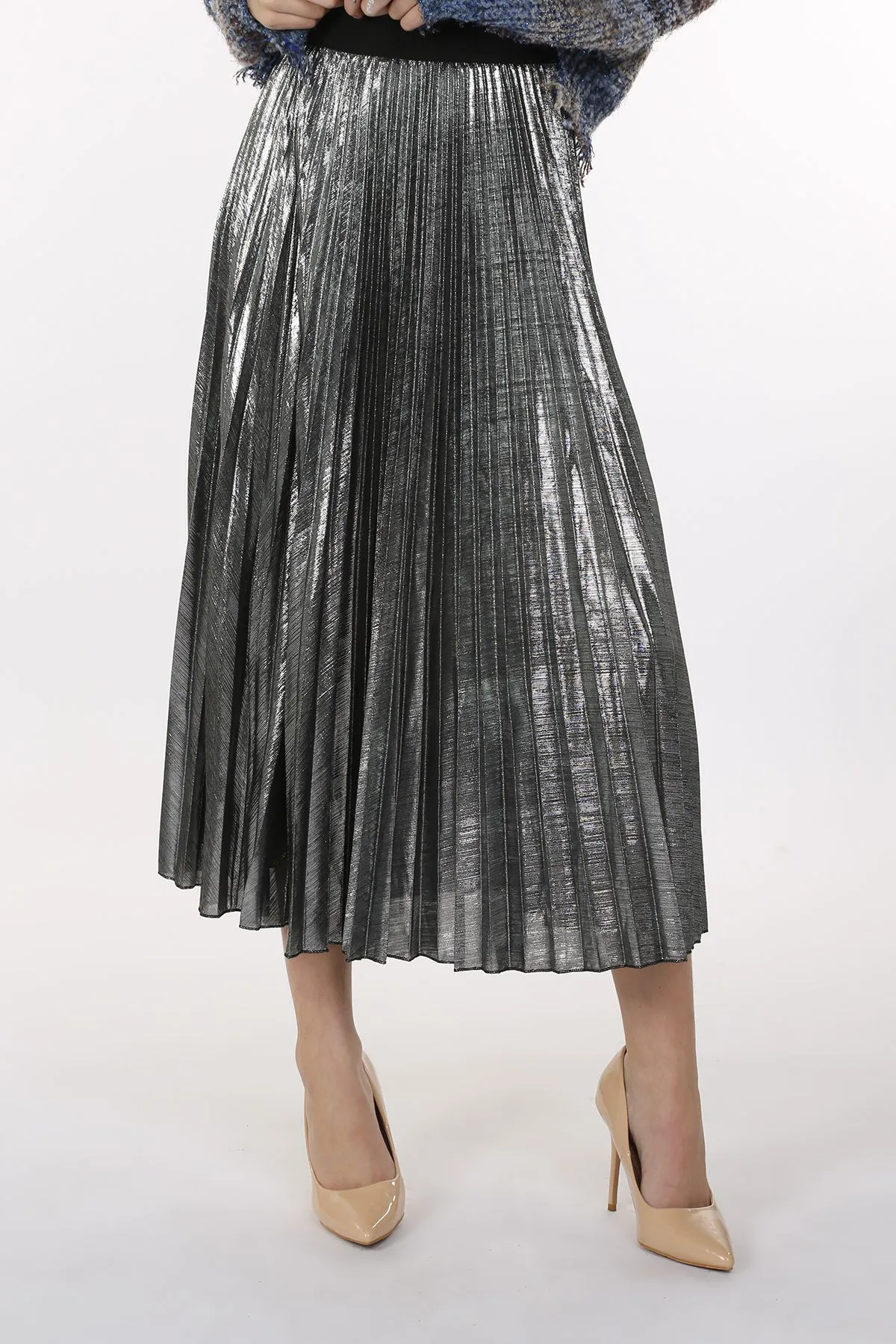 Metallic Silver Coated Pleat Maxi Skirt at Bourbon Cowgirl