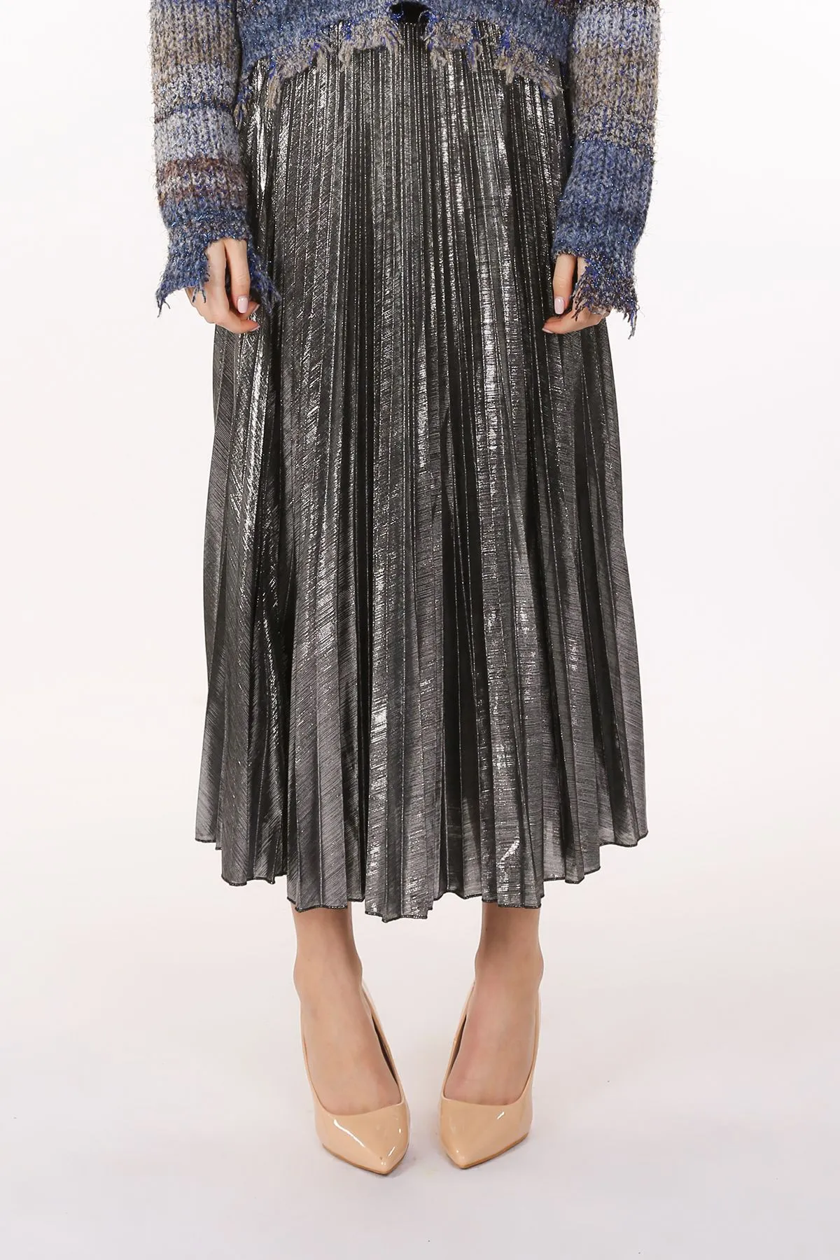 Metallic Silver Coated Pleat Maxi Skirt at Bourbon Cowgirl