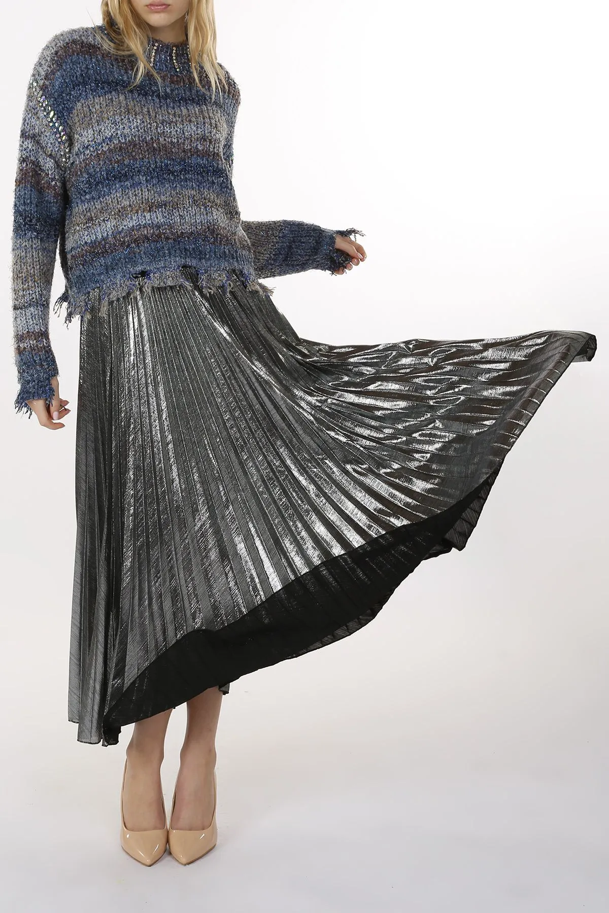 Metallic Silver Coated Pleat Maxi Skirt at Bourbon Cowgirl