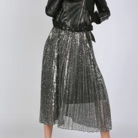 Metallic Silver Coated Pleat Maxi Skirt at Bourbon Cowgirl