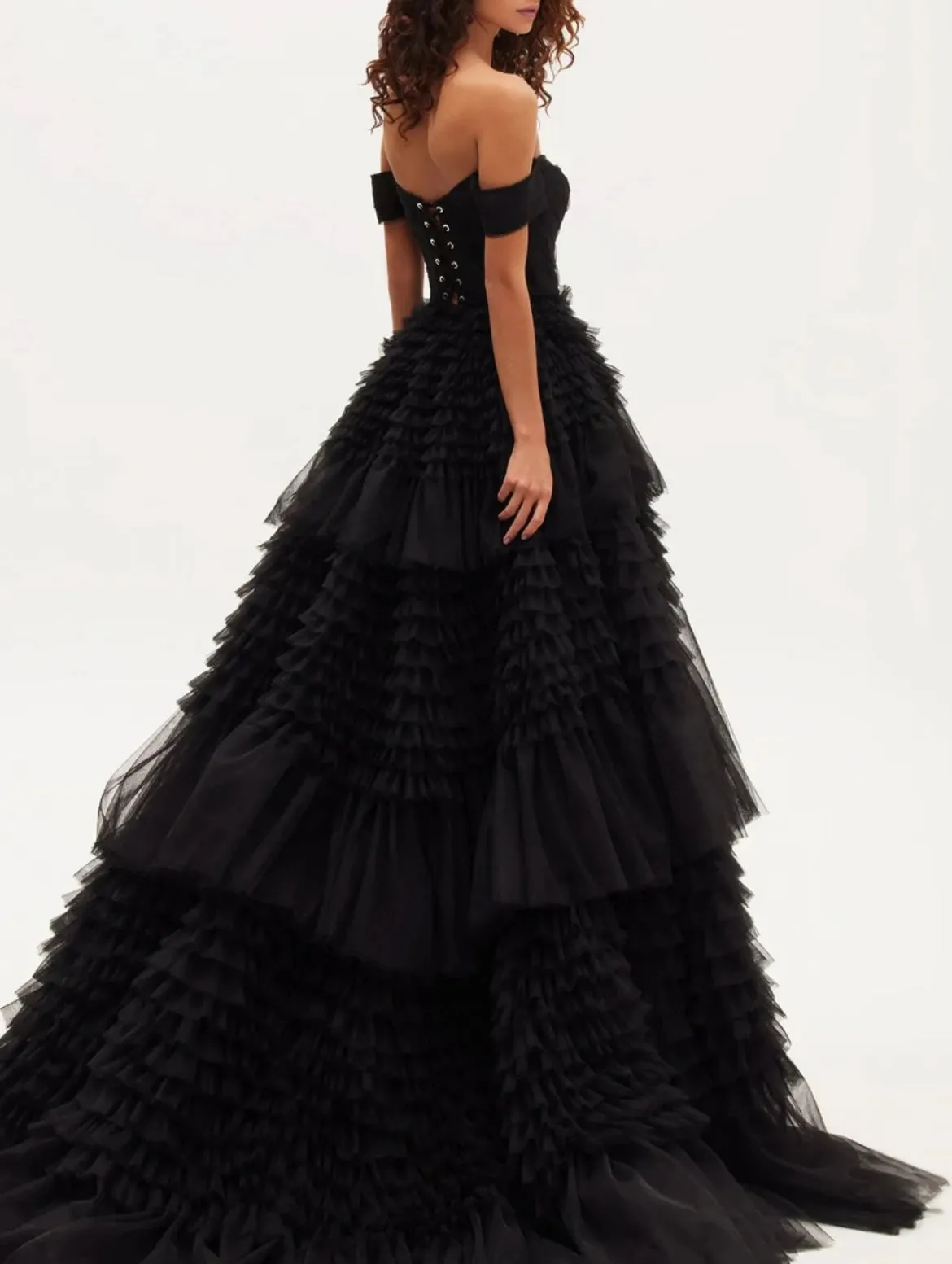 Black Milla Off-The-Shoulder Gown with Layered Frill Detail