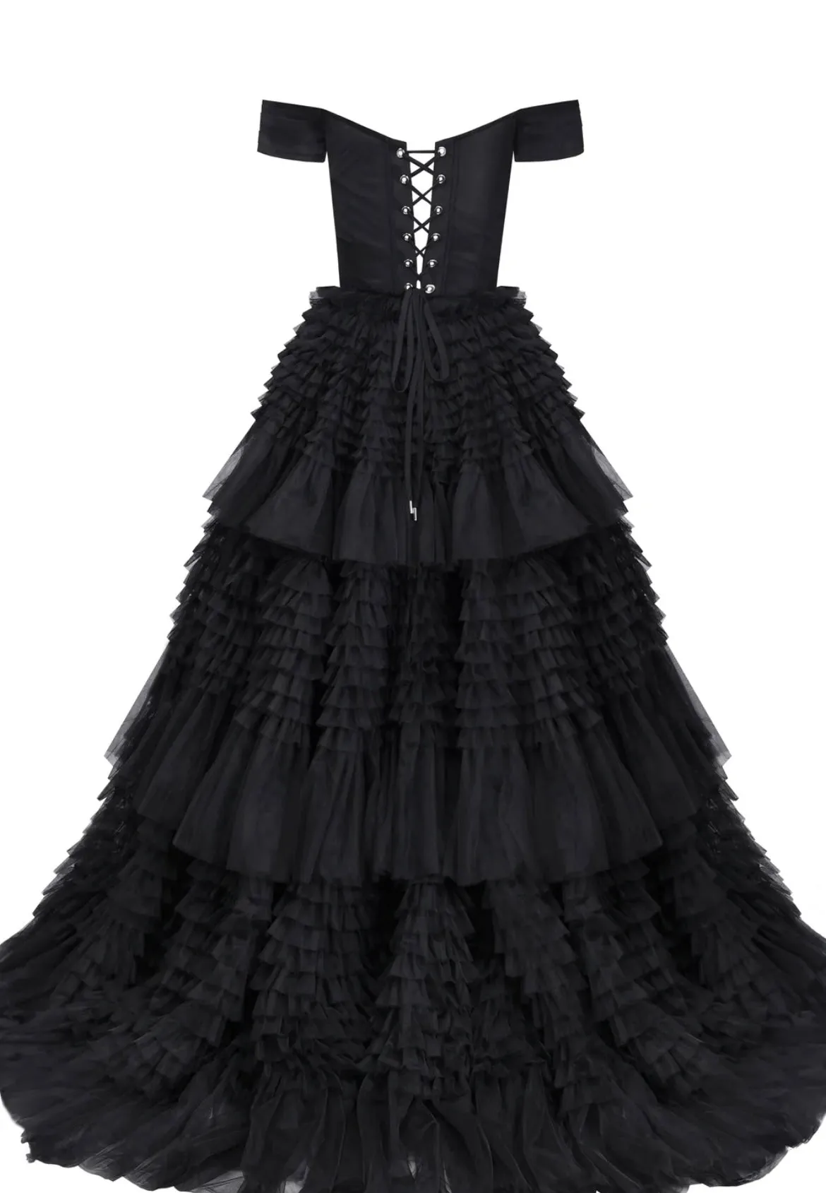 Black Milla Off-The-Shoulder Gown with Layered Frill Detail