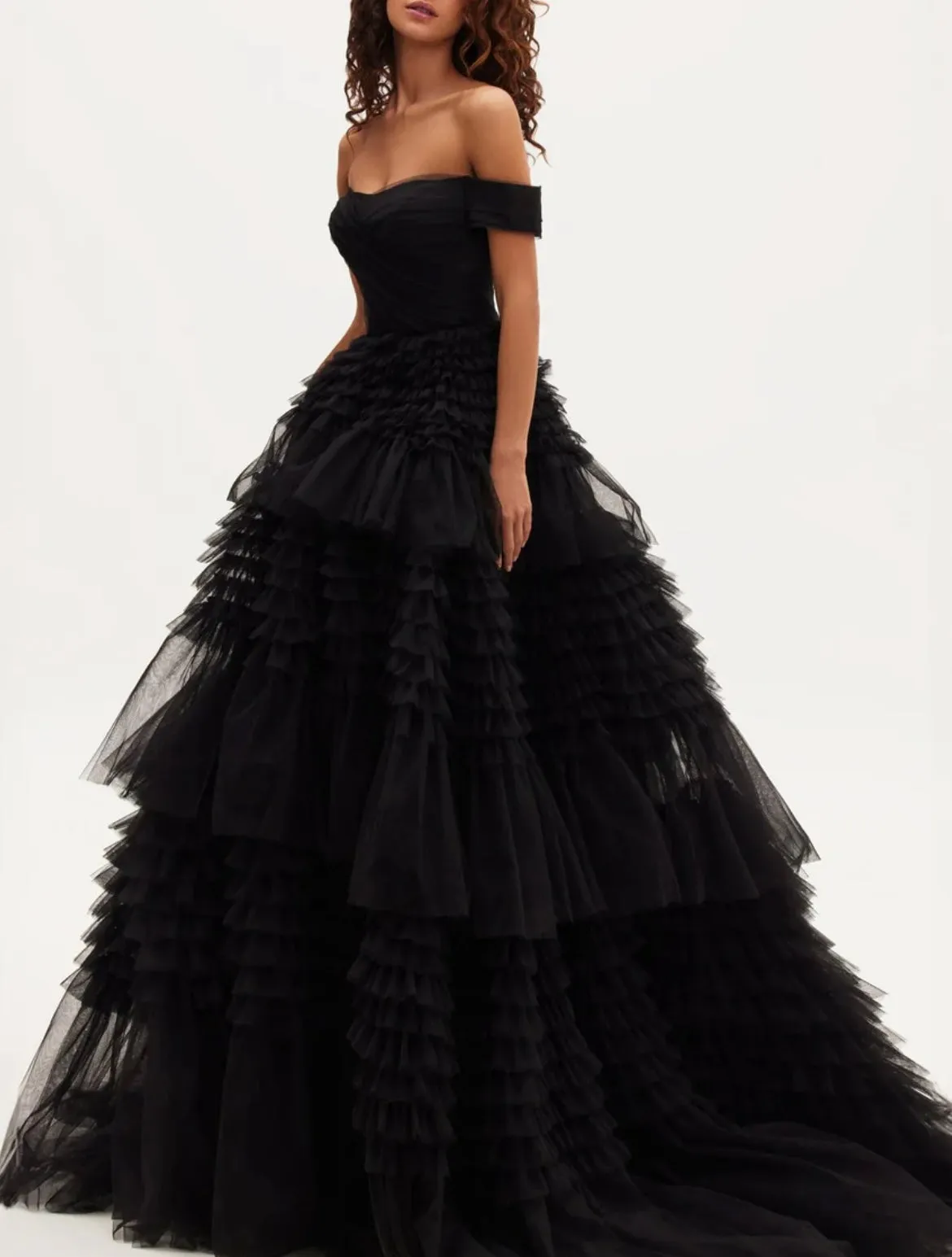 Black Milla Off-The-Shoulder Gown with Layered Frill Detail