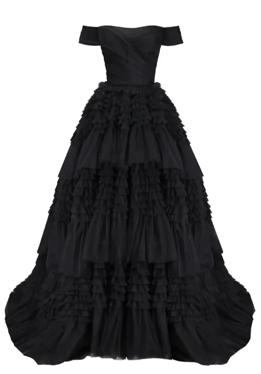 Black Milla Off-The-Shoulder Gown with Layered Frill Detail