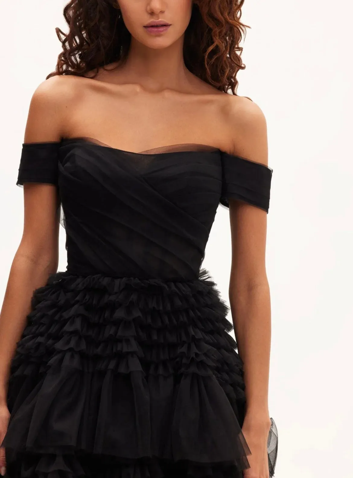 Black Milla Off-The-Shoulder Gown with Layered Frill Detail