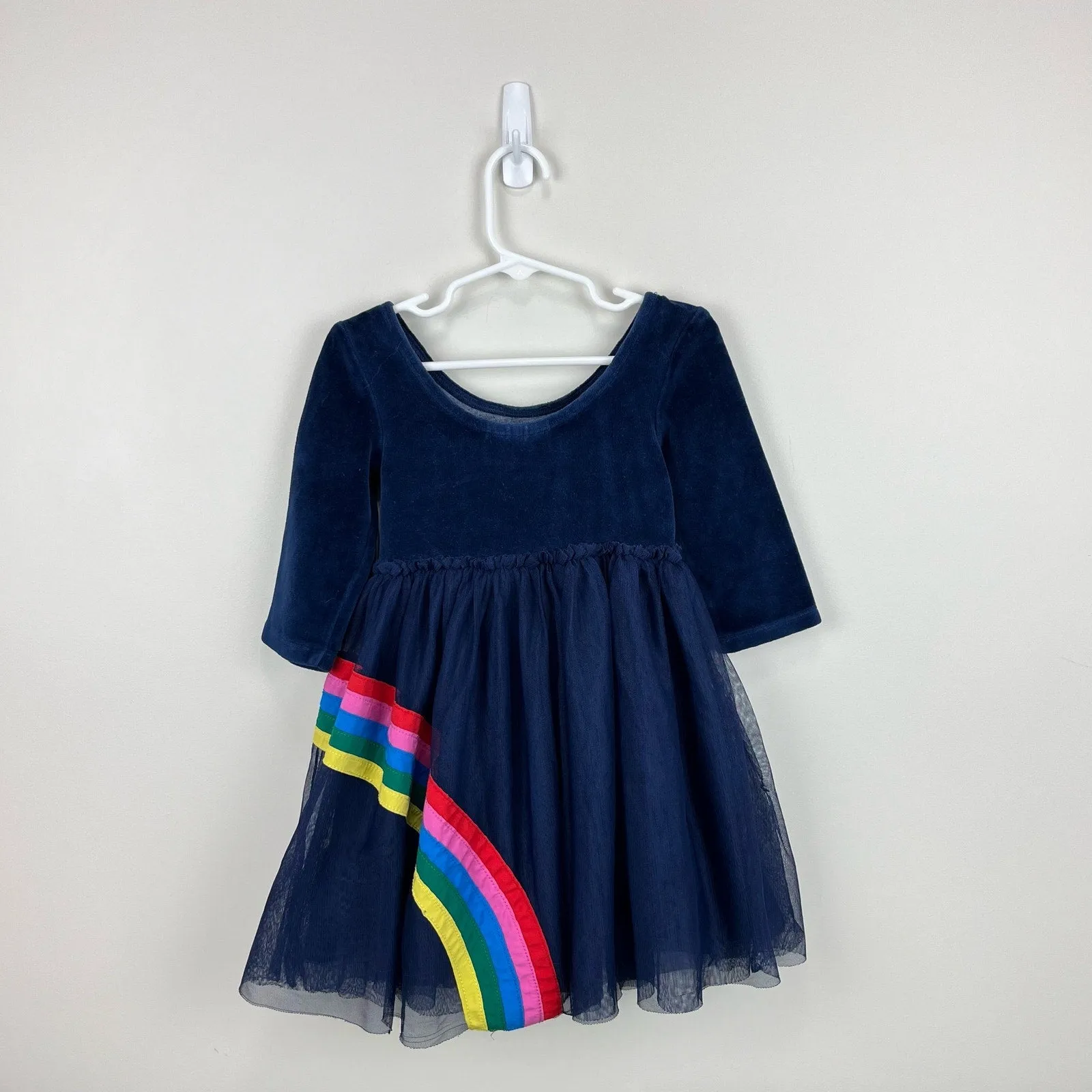 Mini Boden Velvet Bodice Tulle Dress College Navy Rainbow 3-4