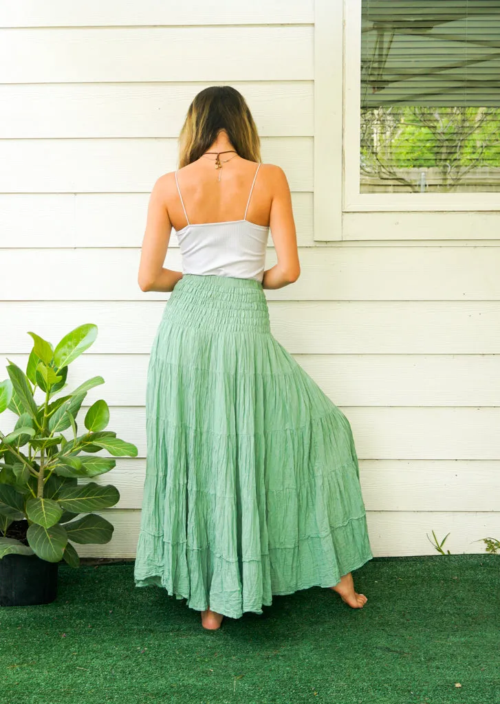 Mint Raw Crinkled Organic Cotton Gauze Tiered Maxi Skirt