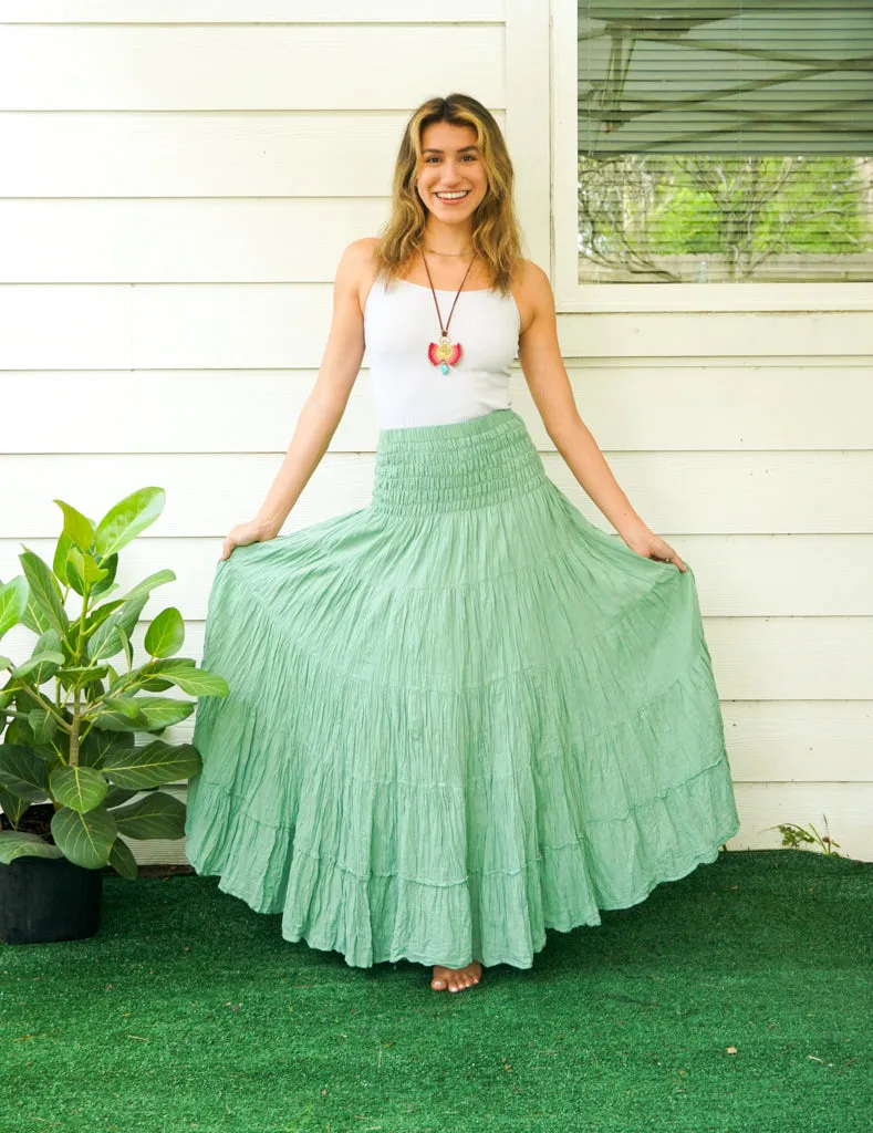 Mint Raw Crinkled Organic Cotton Gauze Tiered Maxi Skirt