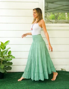 Mint Raw Crinkled Organic Cotton Gauze Tiered Maxi Skirt