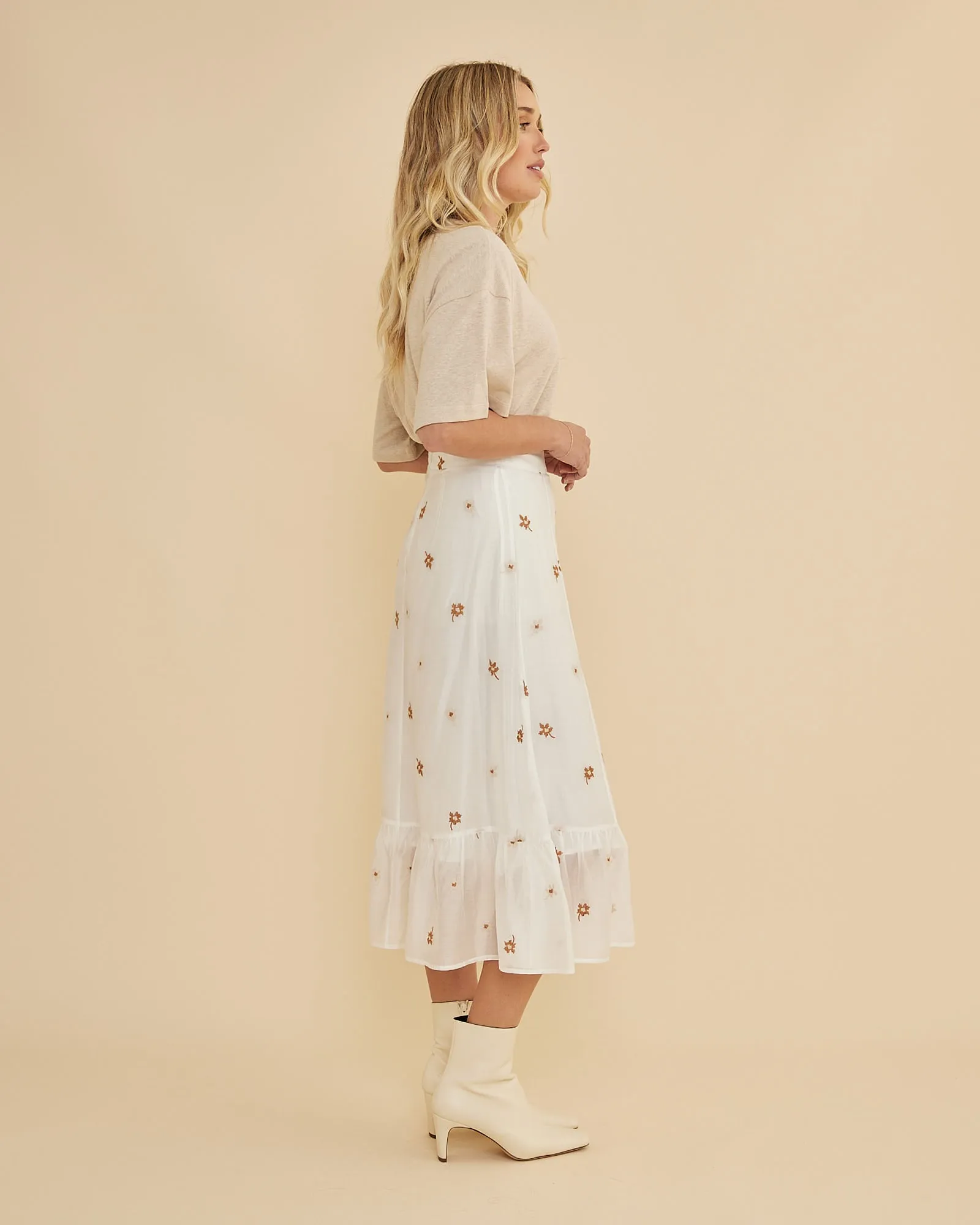 Monique Cross Stitch Midi Skirt - White