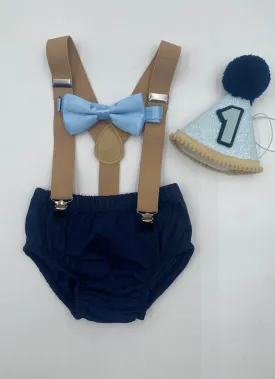 Navy Cake Smash Cake Boy Birthday Outfit 4 Piece Set Diaper Cover, Suspenders Party Hat, Birthday outfit photoshoot first birthday party