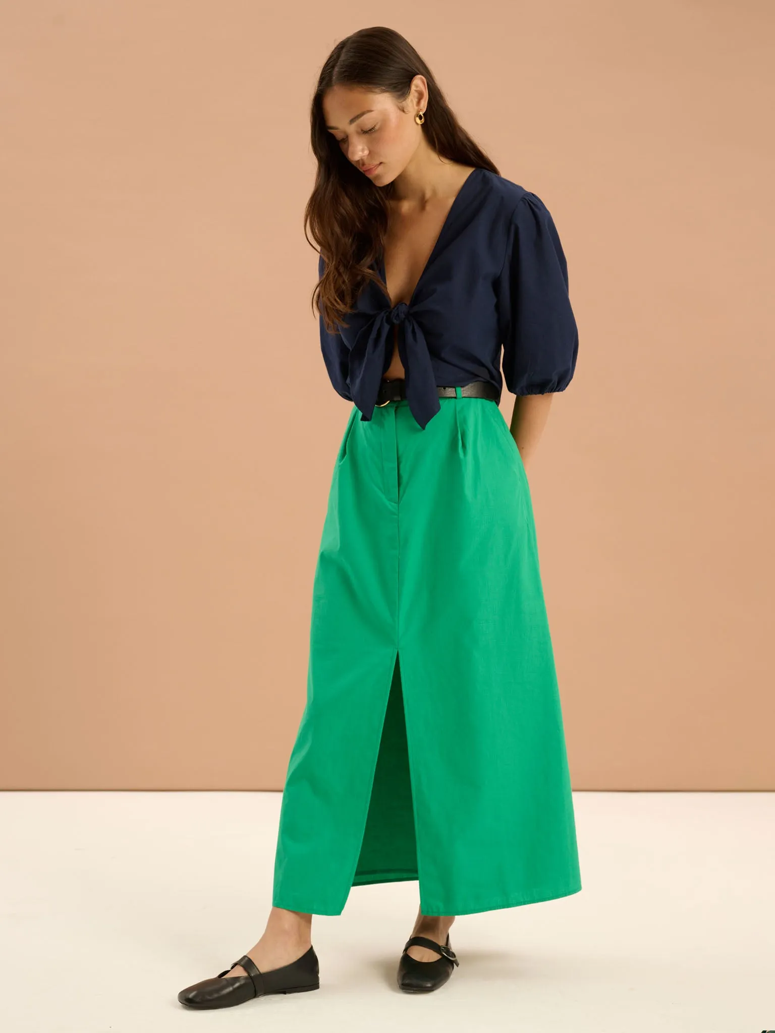 Olive A Line Midi Skirt in Green