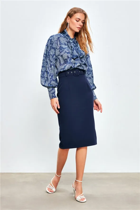 Pencil Skirt Midi with Belt - Navy Blue