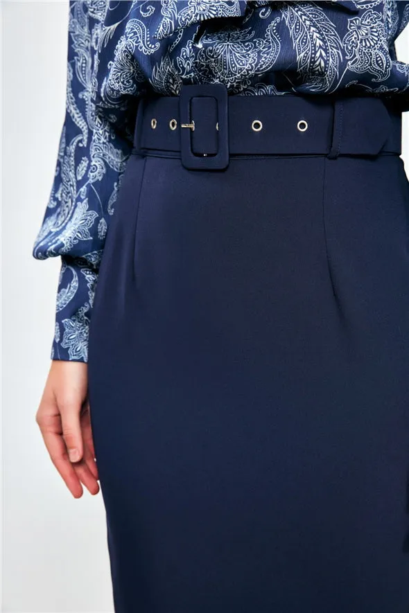 Pencil Skirt Midi with Belt - Navy Blue