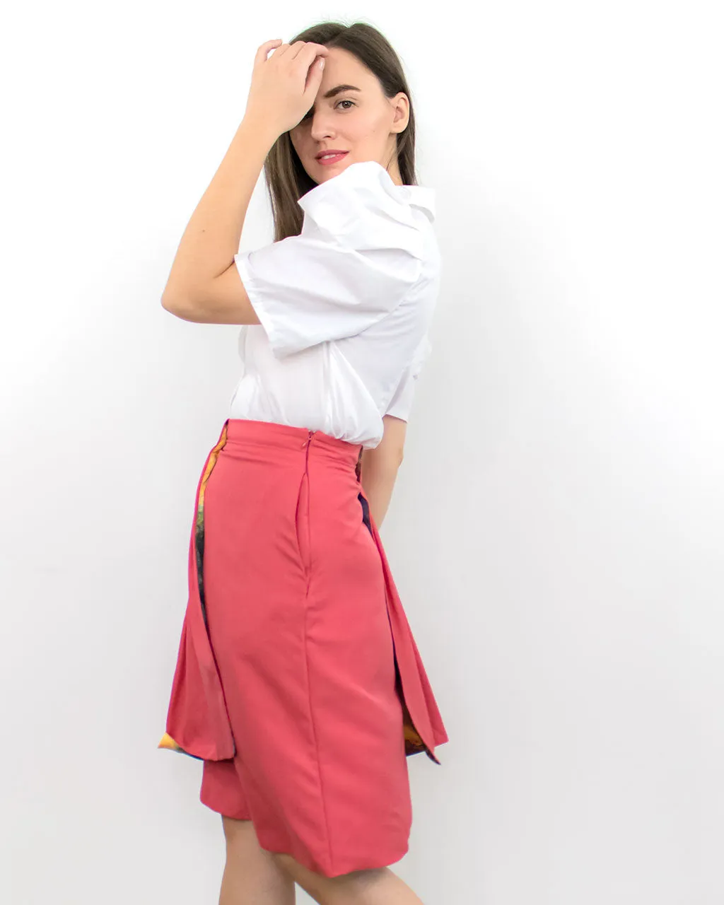 Pigres Red A-line Pleated Skirt with Pockets