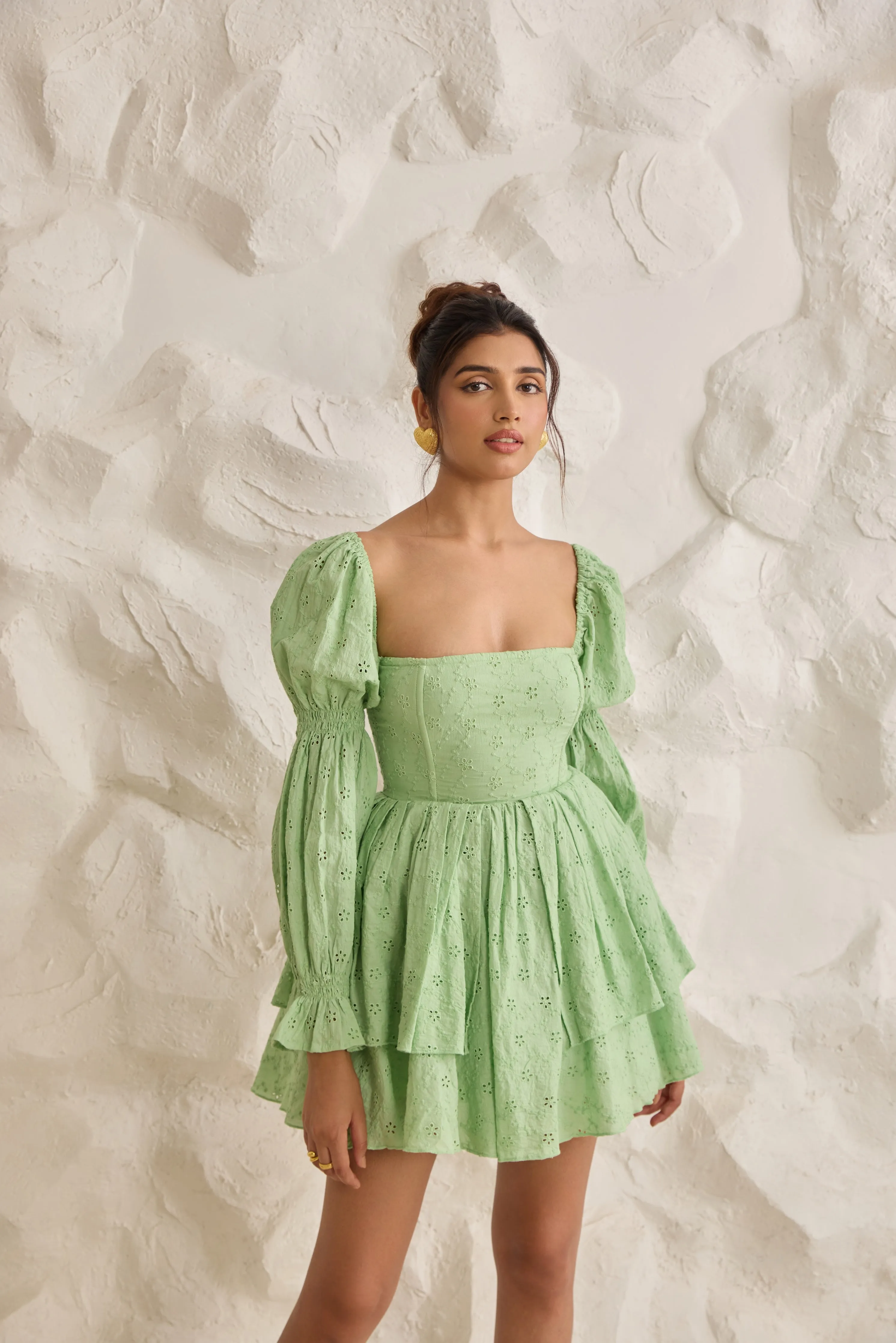 Chic Pixie Green Schiffli Puff Corset Dress for a Stylish Look