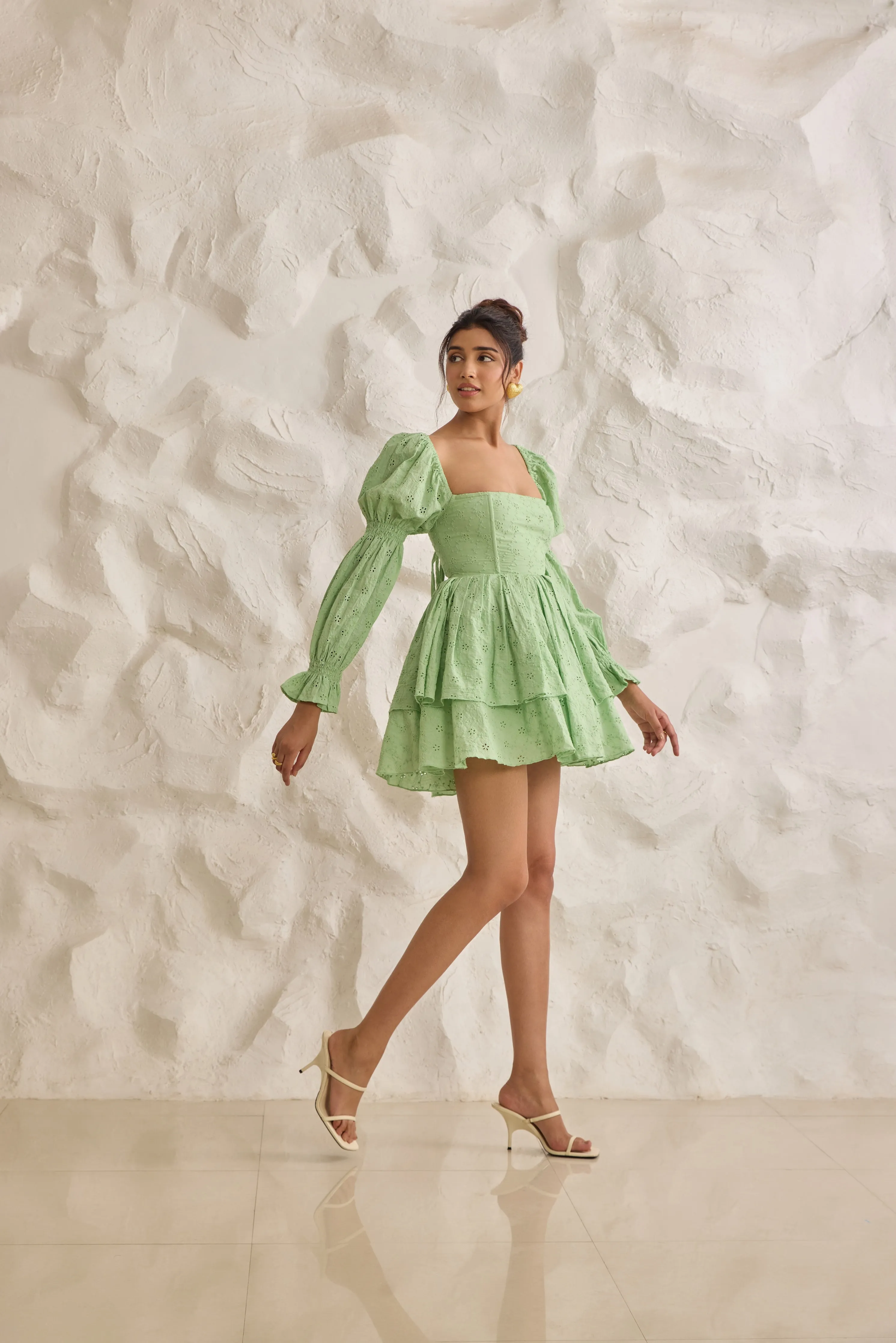 Chic Pixie Green Schiffli Puff Corset Dress for a Stylish Look