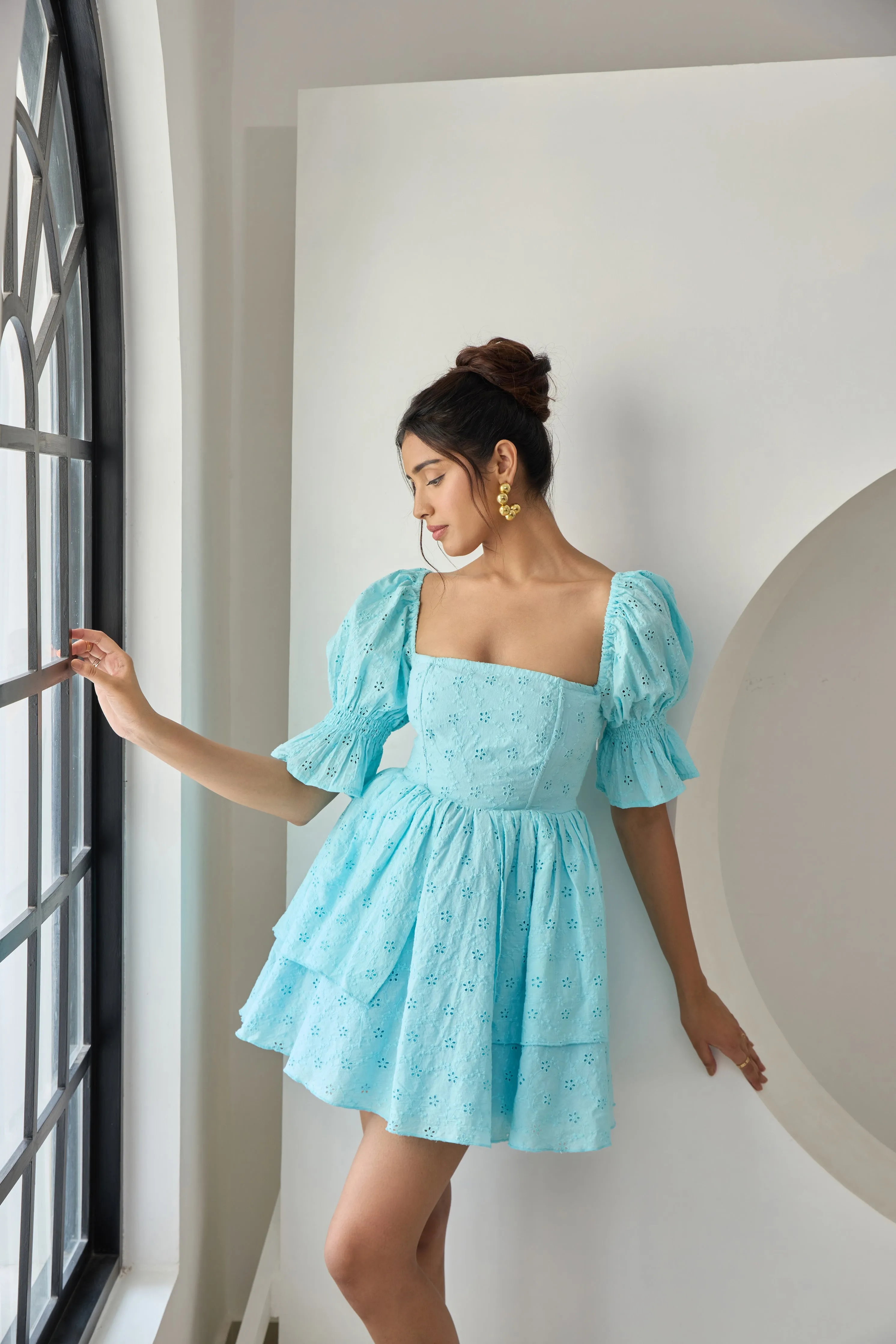 Pixie Powder Blue Schiffli Puff Corset Dress