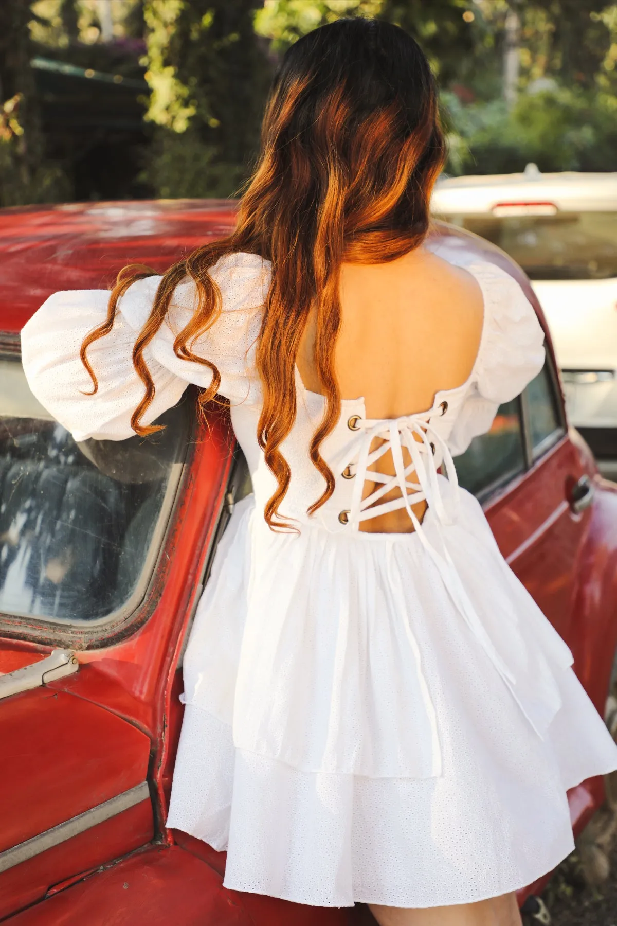 Pixie White Schiffli Puff Corset Dress