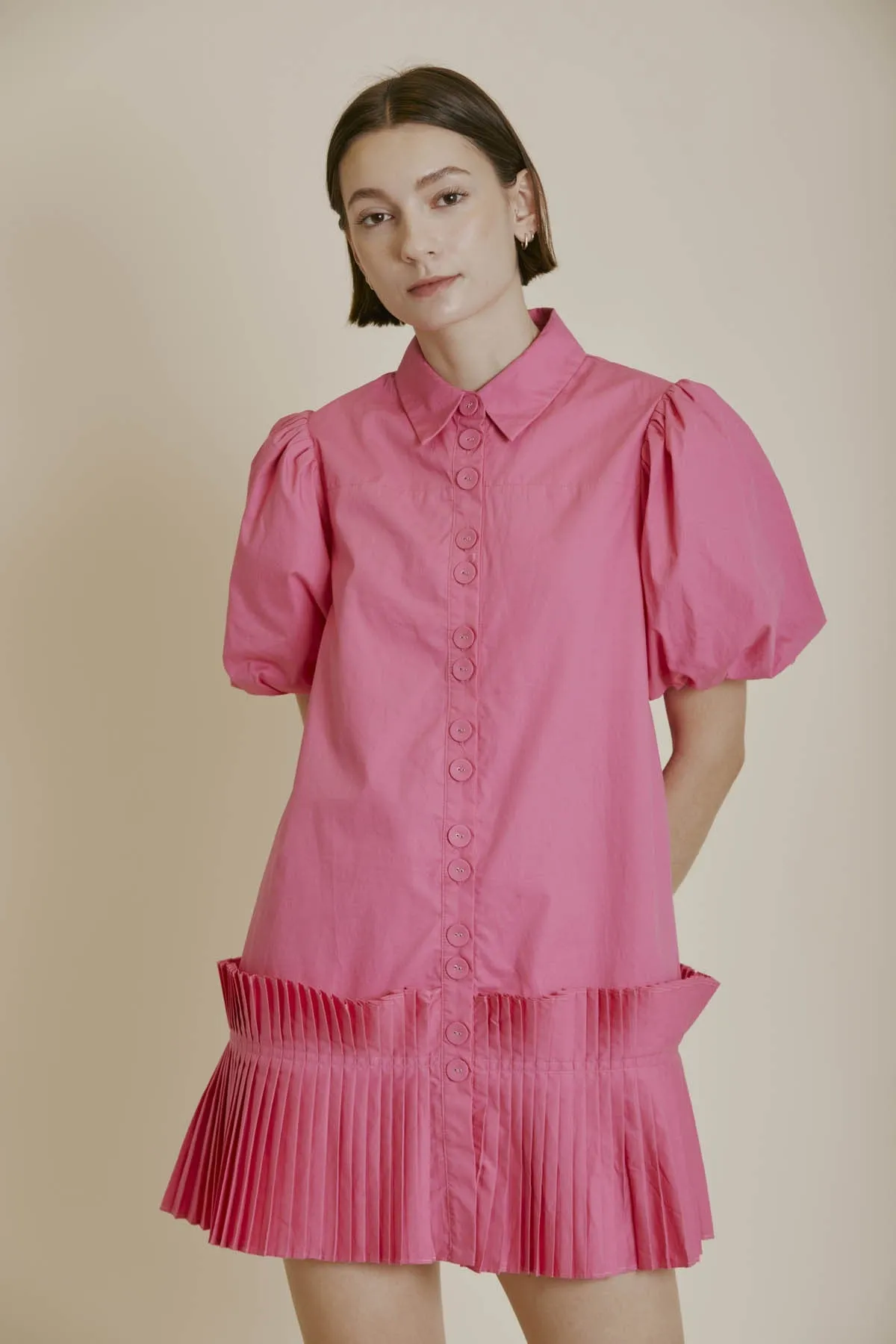 PLEATED HEM SHIRT DRESS IN PINK