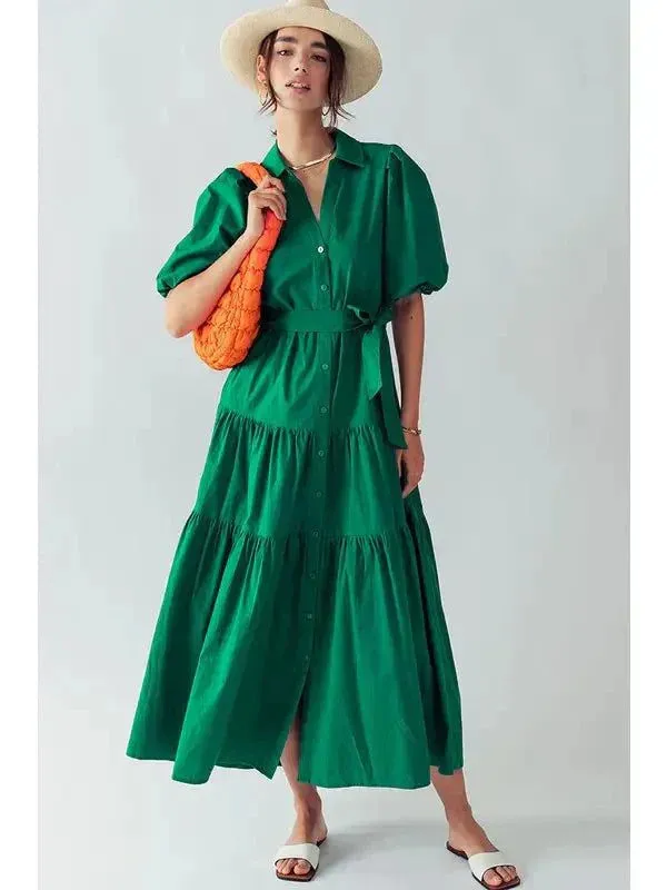 Puff Sleeve Tiered Dress in Green