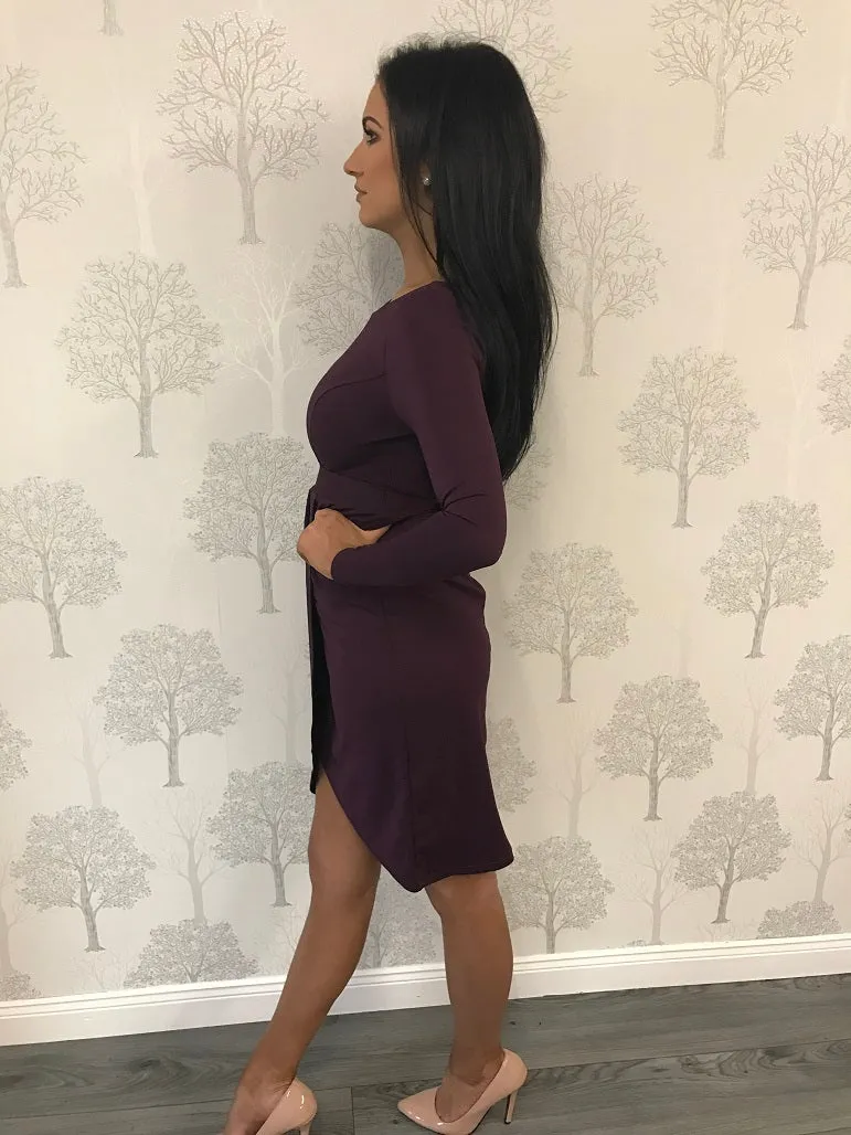 Purple Long Sleeve Wrap Midi Dress